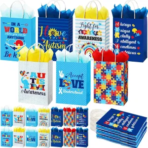 Gilprop 42 Set Autism Awareness Paper Gift Bags Bulk with Tissue Paper Accept Love Understand Autism Colorful Puzzle Candy Goodie Treat Bags for Women Men Birthday Party Supplies