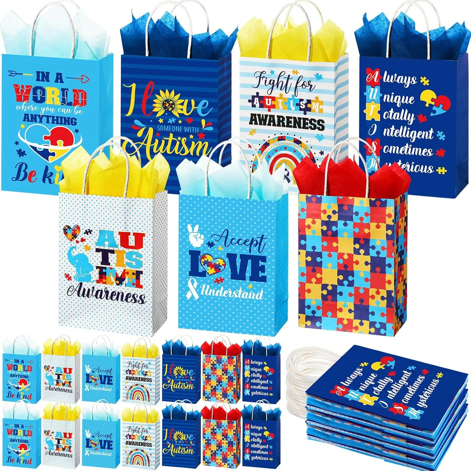Gilprop 42 Set Autism Awareness Paper Gift Bags Bulk with Tissue Paper Accept Love Understand Autism Colorful Puzzle Candy Goodie Treat Bags for Women Men Birthday Party Supplies
