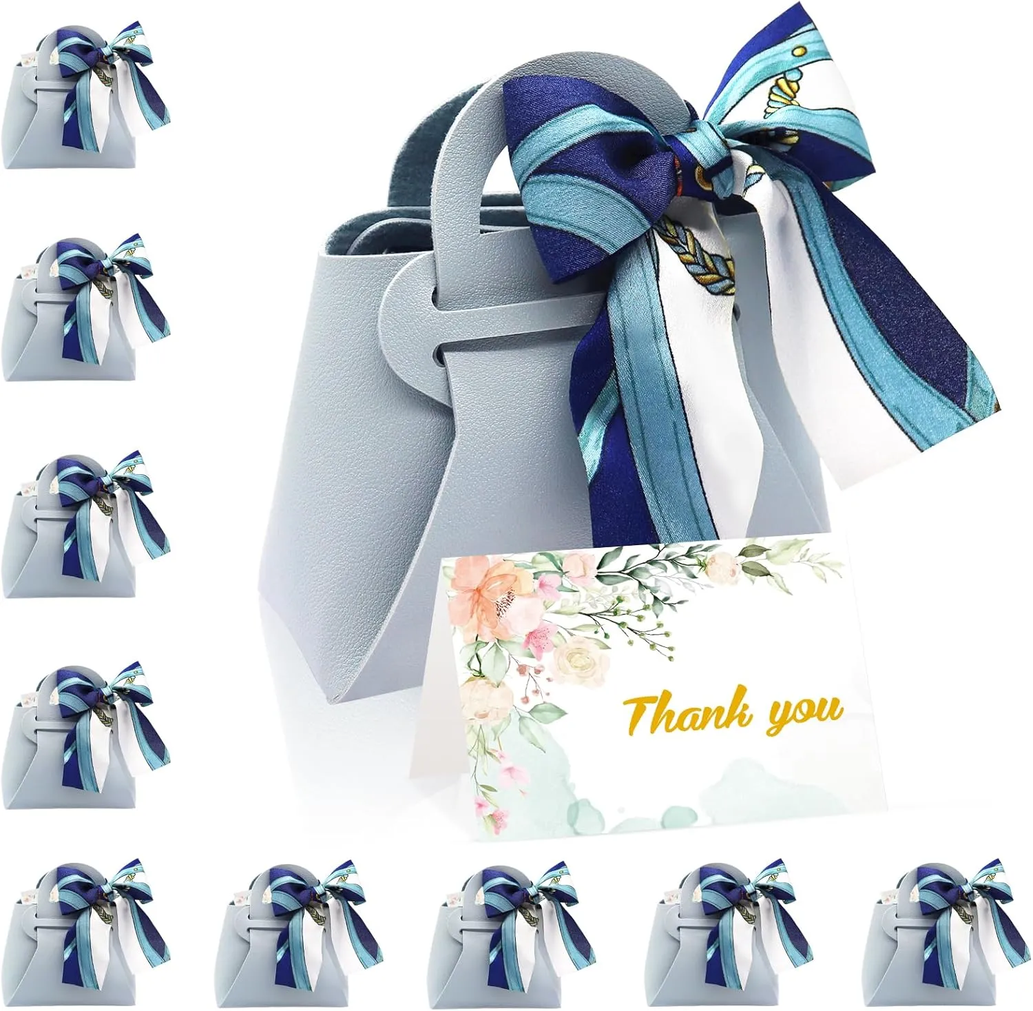 GLGHMH Leather Wedding Candy Bags, 10pcs Reusable Small Gift Bags with Handle and Ribbon and Card, Birthday Party Favor Bags Packing Box for Baby Showers Christmas Halloween (Blue)