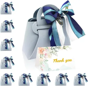 GLGHMH Leather Wedding Candy Bags, 10pcs Reusable Small Gift Bags with Handle and Ribbon and Card, Birthday Party Favor Bags Packing Box for Baby Showers Christmas Halloween (Blue)