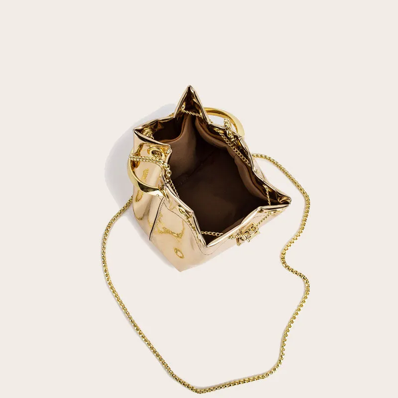 Gold Metallic Faux Leather Drawstring Bucket Bag with Ring Handle