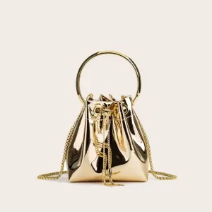 Gold Metallic Faux Leather Drawstring Bucket Bag with Ring Handle
