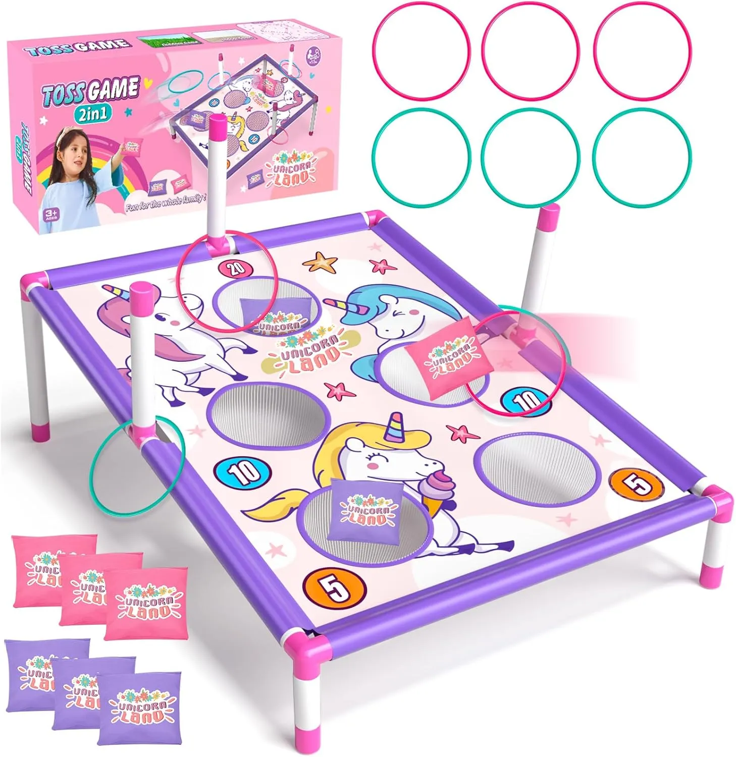 Golray Bean Bag Toss Game for Kids, 2 in 1 Cornhole Board Set Outside Toys for Kids Ages 4-8 with Carnival Party Ring Toss Game, Christmas Birthday Gifts for Boys Girls Toys 2 3 4 5 6 7 8 Years Old