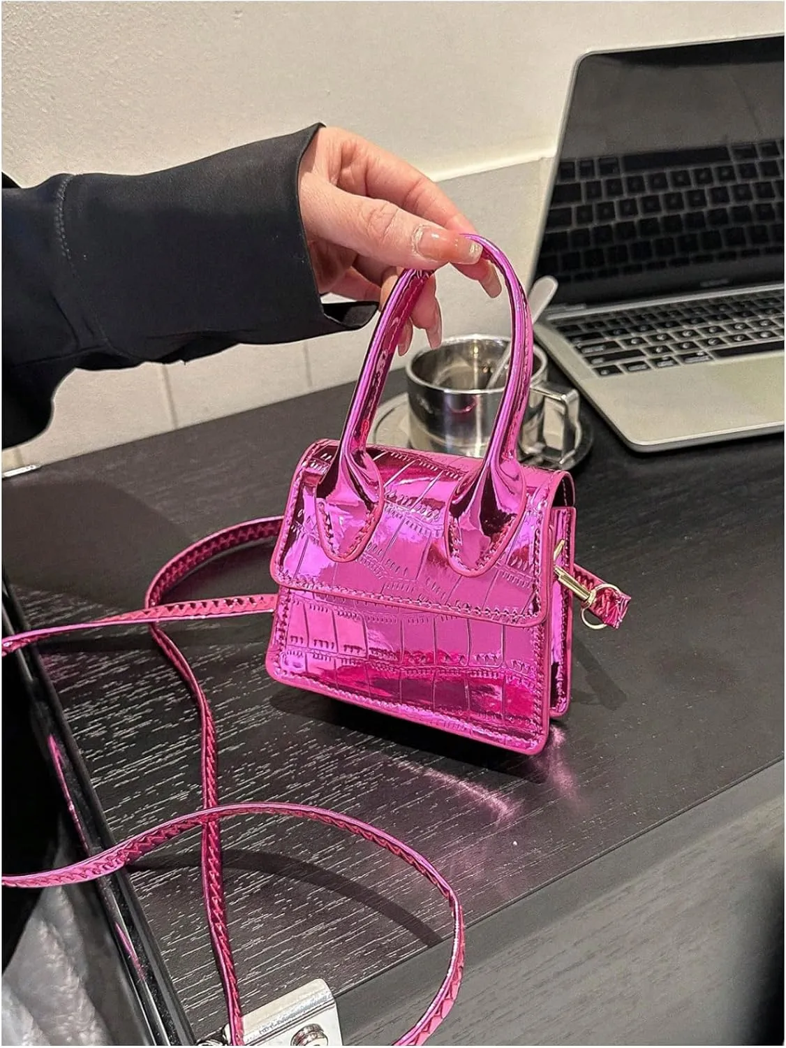 GORGLITTER Women's Crocodile Embossed Mini Square Bag Metallic Top Handle Crossbody Handbag Flap Clutch Bags