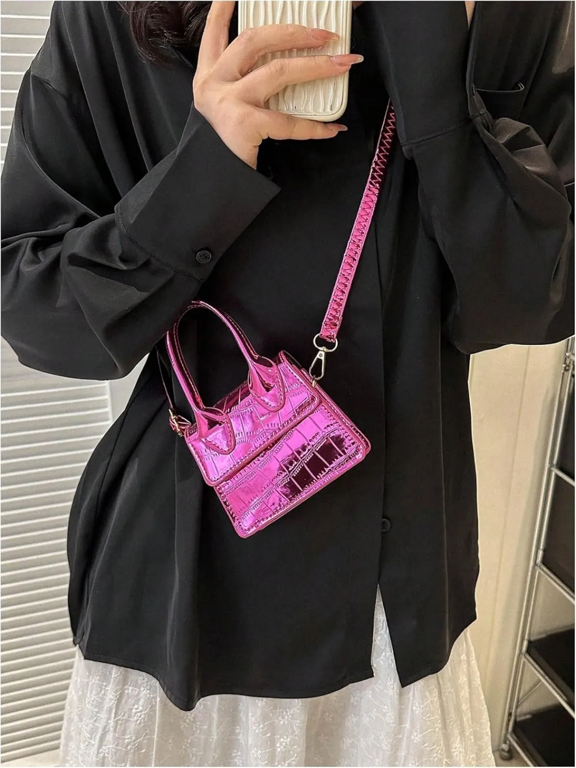 GORGLITTER Women's Crocodile Embossed Mini Square Bag Metallic Top Handle Crossbody Handbag Flap Clutch Bags