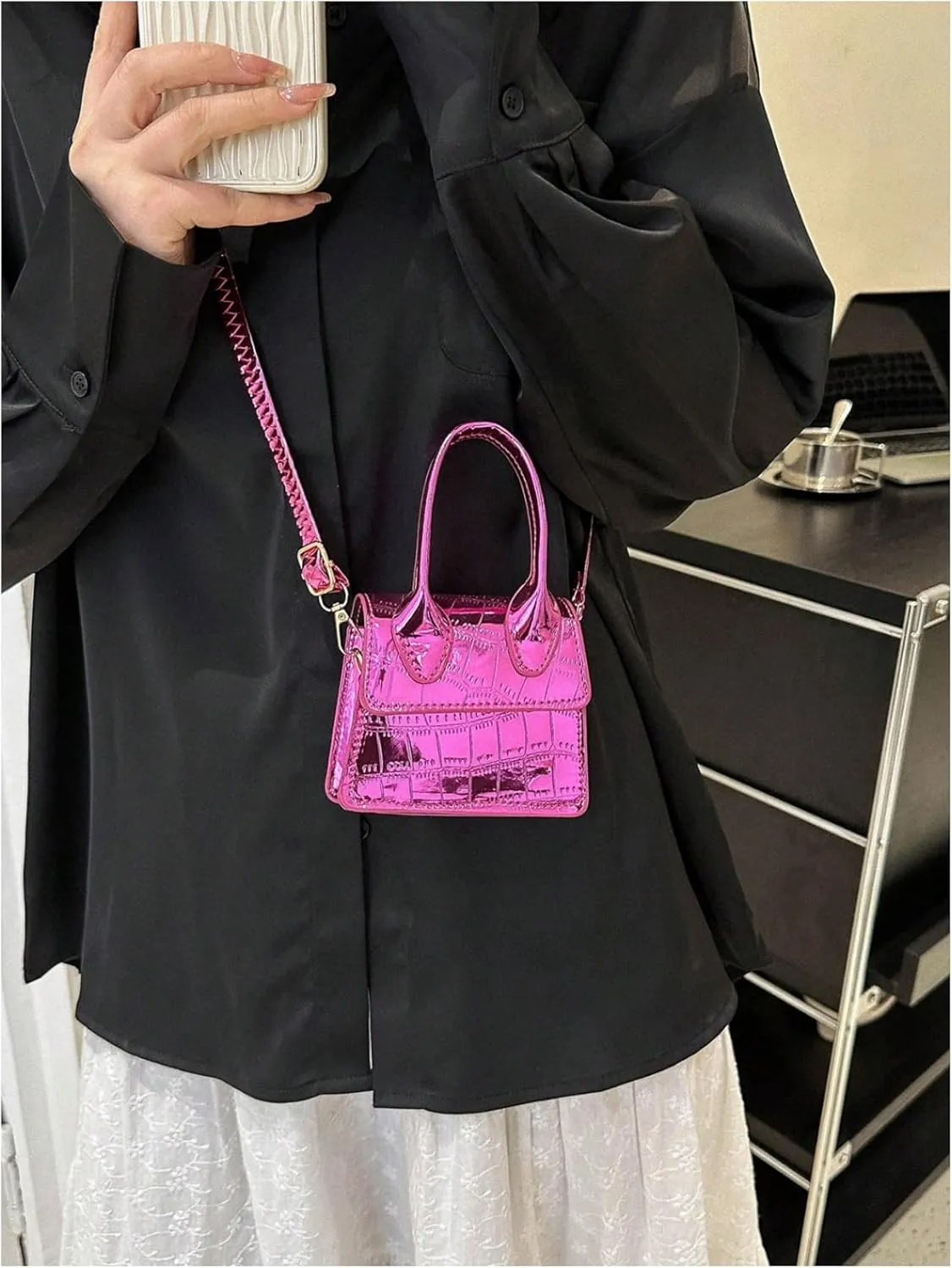 GORGLITTER Women's Crocodile Embossed Mini Square Bag Metallic Top Handle Crossbody Handbag Flap Clutch Bags