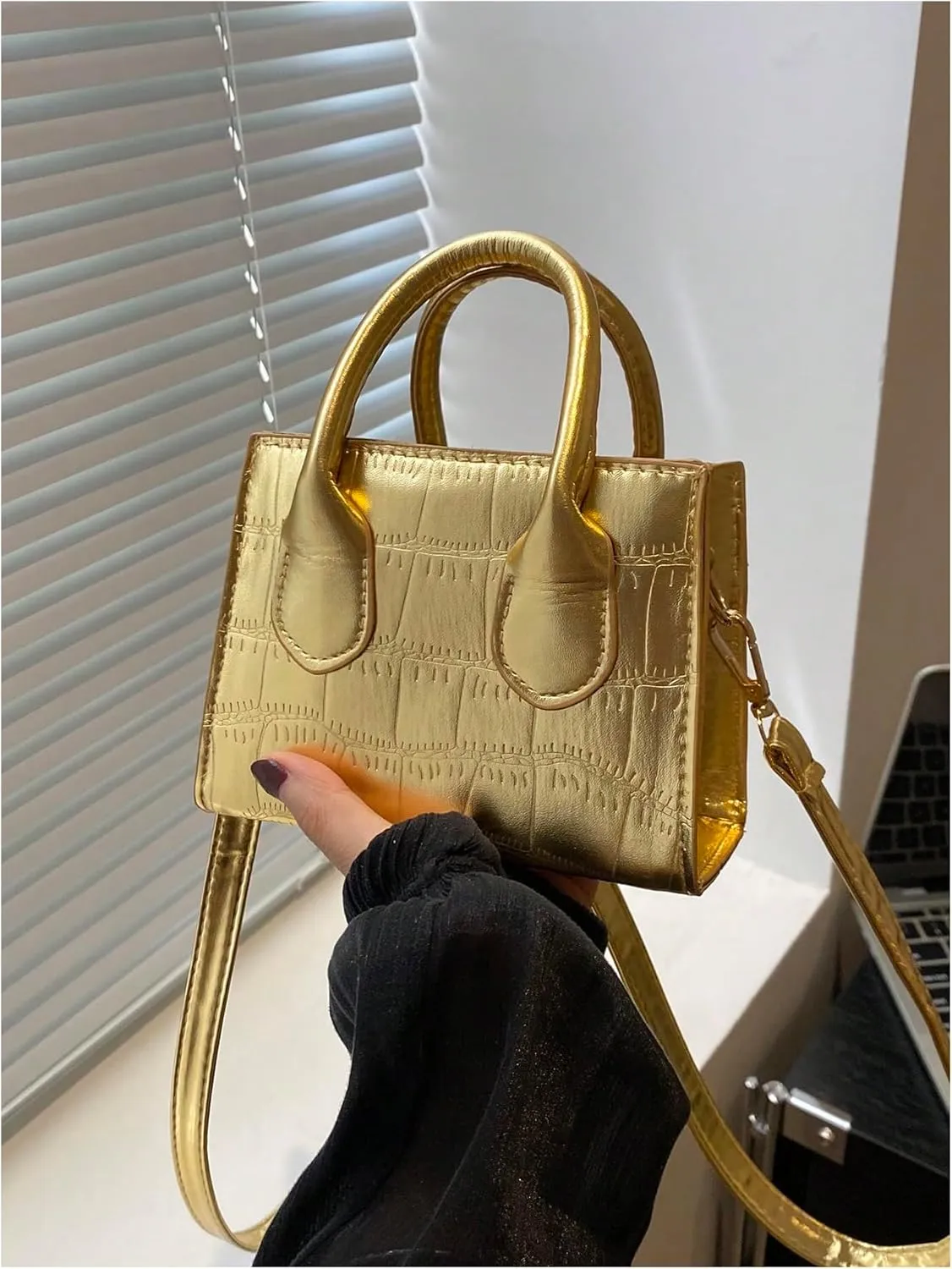 GORGLITTER Women's Small Crossbody Bag Mini Purse Metallic Crocodile Print Double Handle Satchel Shoulder Bag Purse