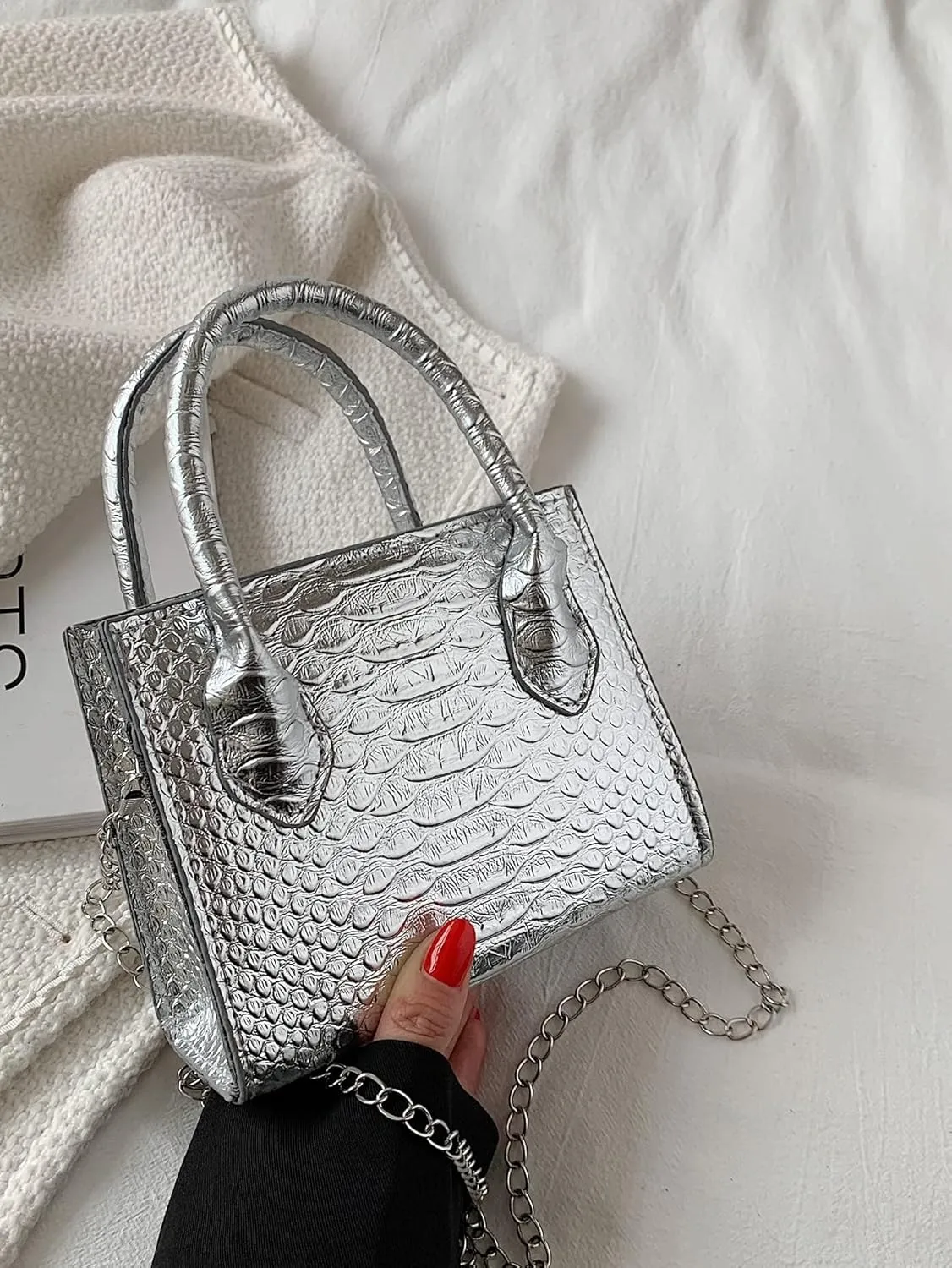 GORGLITTER Women's Small Crossbody Bag Mini Purse Metallic Crocodile Print Double Handle Satchel Shoulder Bag Purse