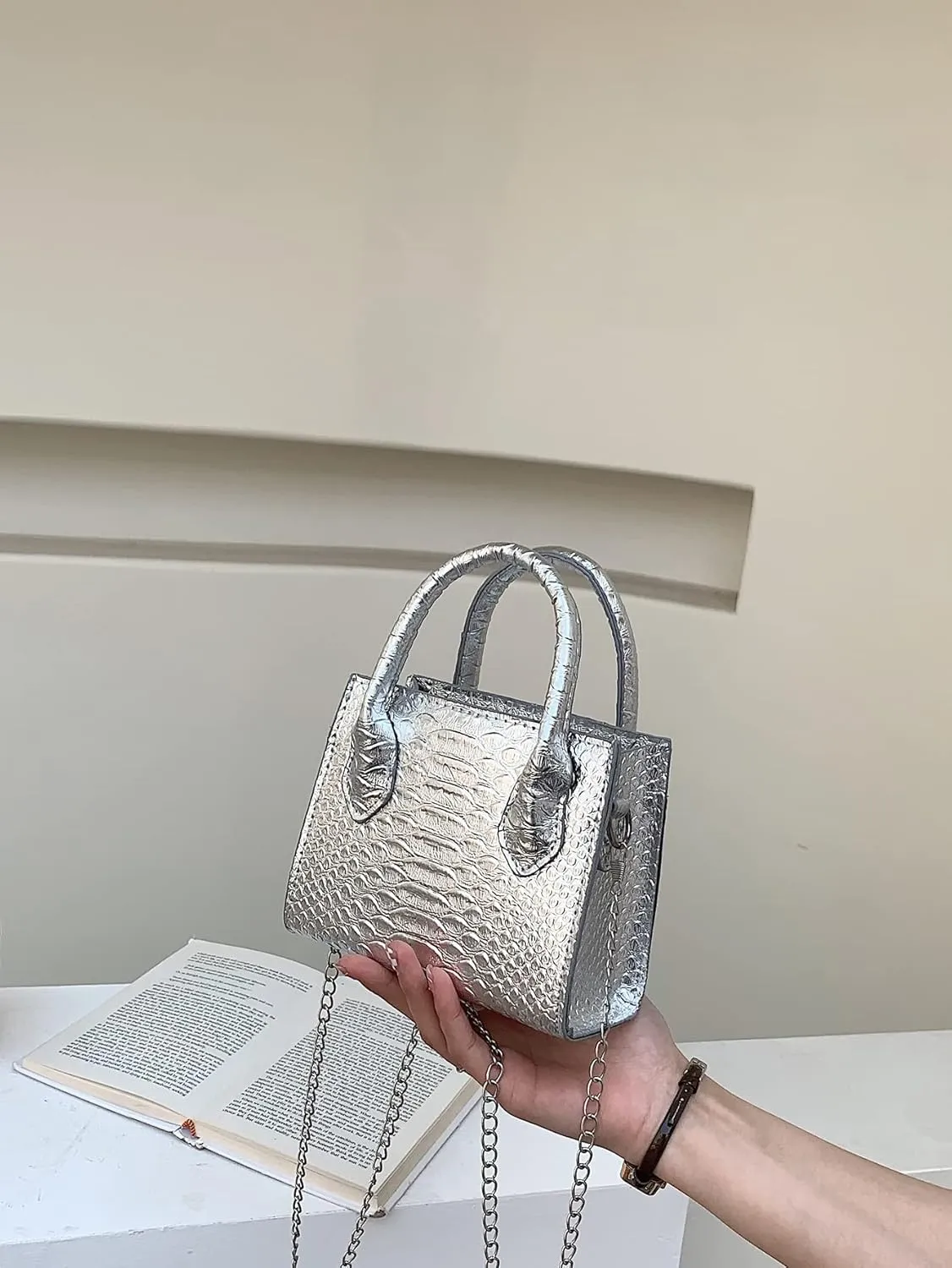 GORGLITTER Women's Small Crossbody Bag Mini Purse Metallic Crocodile Print Double Handle Satchel Shoulder Bag Purse