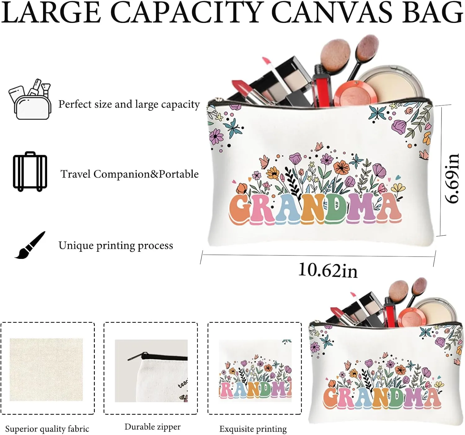 Grandma - Canvas Tote Bag with Makeup Bag for Mama Mimi, Thank You Gift from Granddaughter