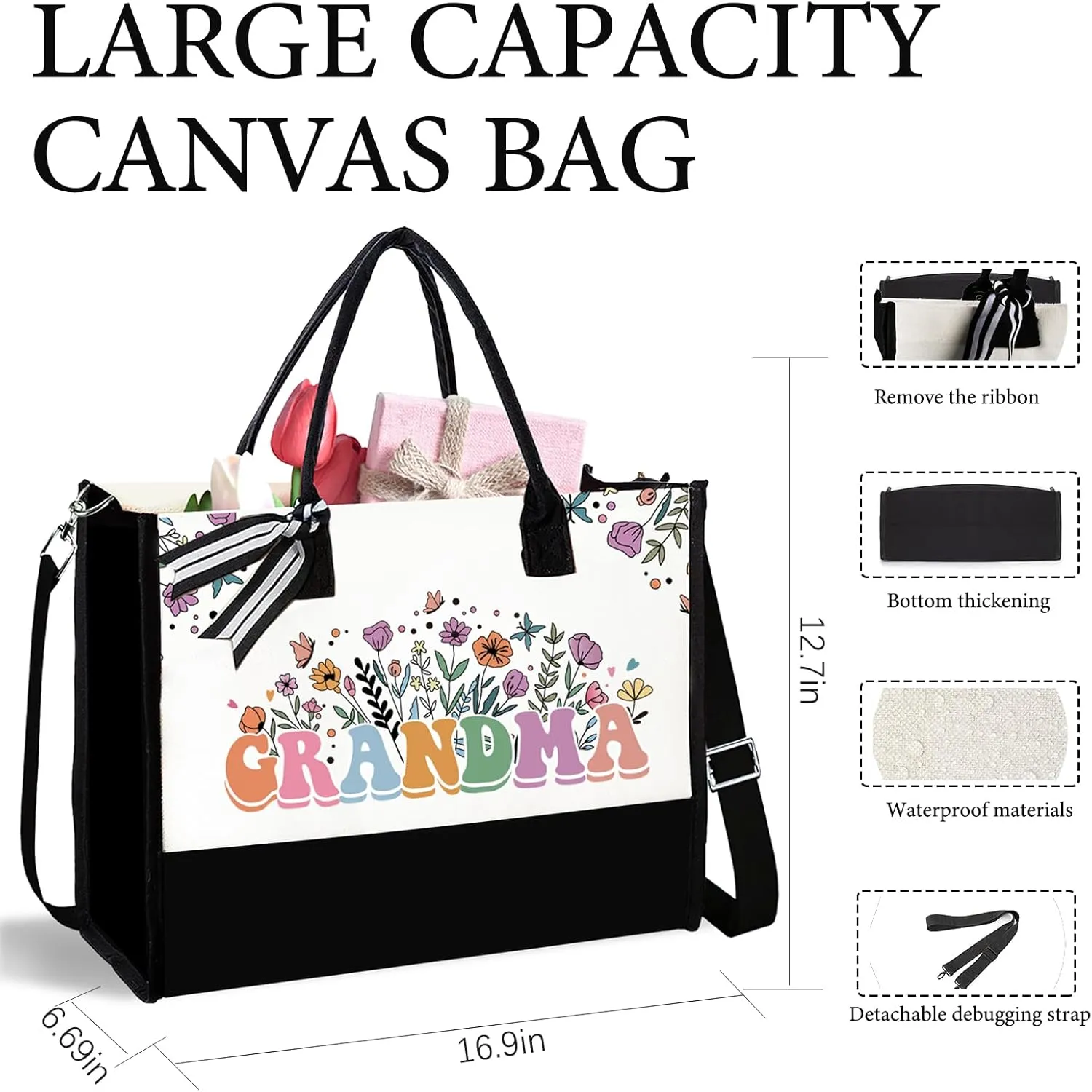 Grandma - Canvas Tote Bag with Makeup Bag for Mama Mimi, Thank You Gift from Granddaughter