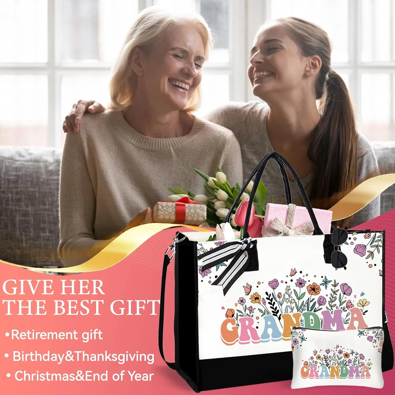 Grandma - Canvas Tote Bag with Makeup Bag for Mama Mimi, Thank You Gift from Granddaughter