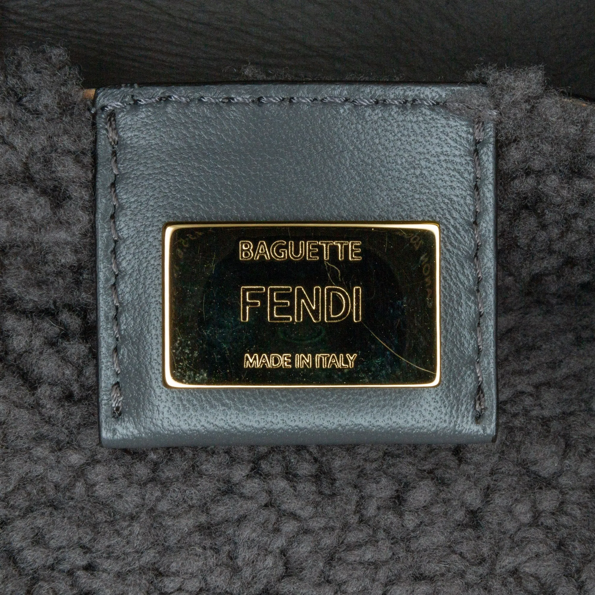 Gray Fendi Shearling Trimmed Leather Baguette Satchel