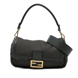 Gray Fendi Shearling Trimmed Leather Baguette Satchel
