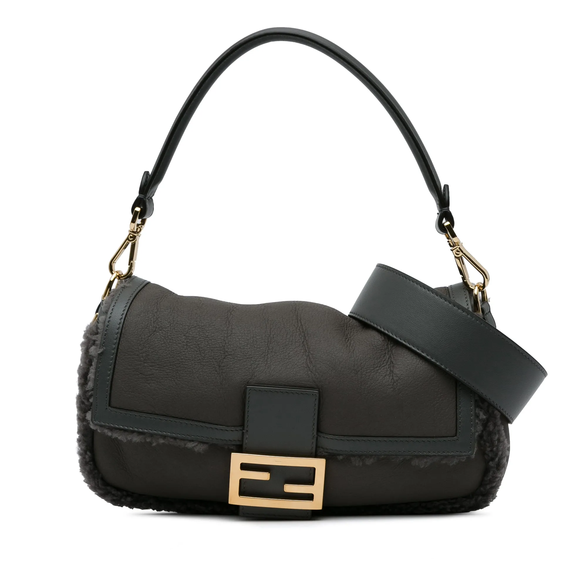 Gray Fendi Shearling Trimmed Leather Baguette Satchel