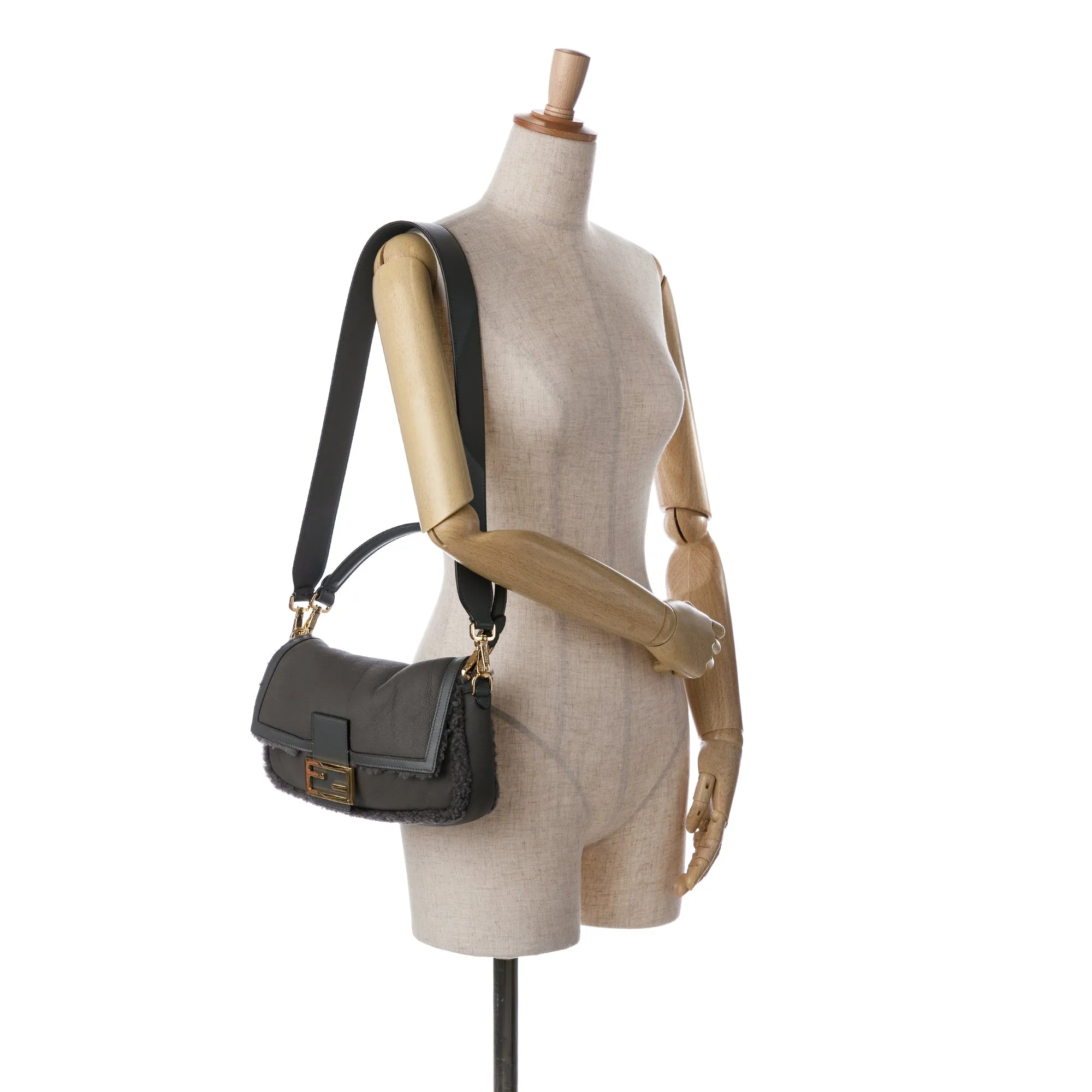 Gray Fendi Shearling Trimmed Leather Baguette Satchel