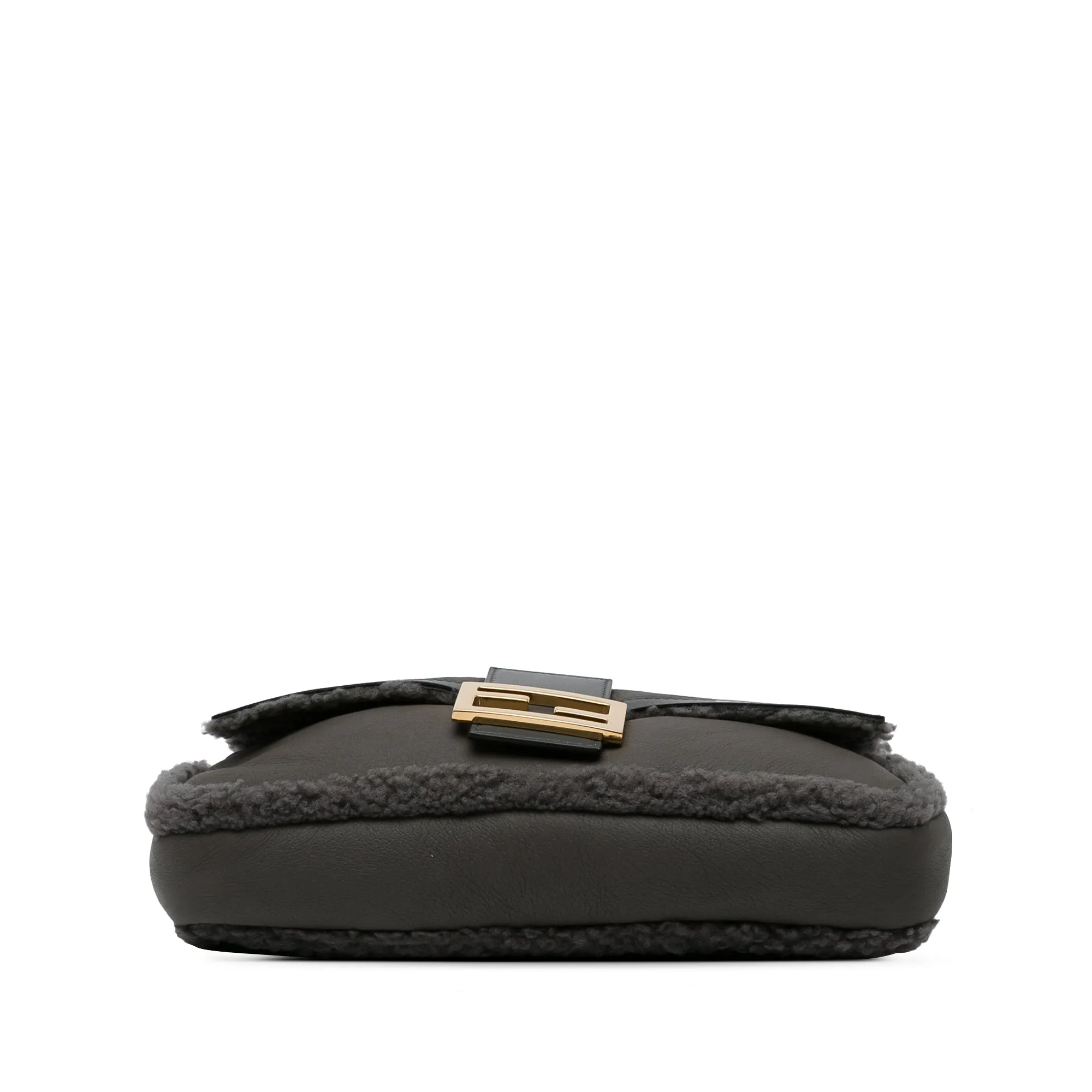 Gray Fendi Shearling Trimmed Leather Baguette Satchel