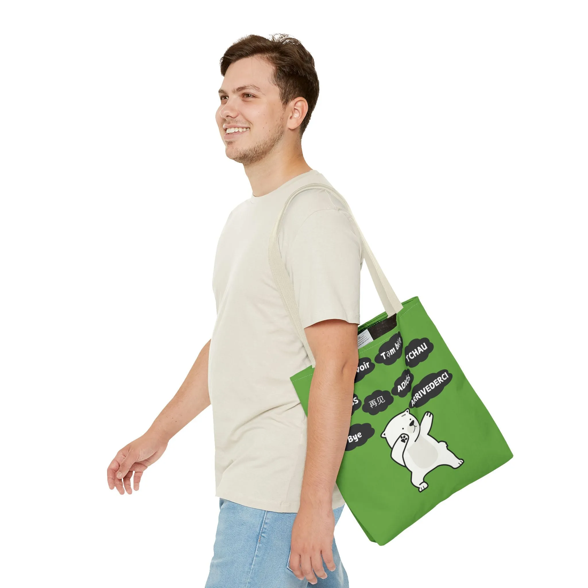 Green Multilingual Farewell Tote Bag with Dancing Bear Design- Perfect for Friendship Gifts, Bag for Shopping, Everyday Shopping bag