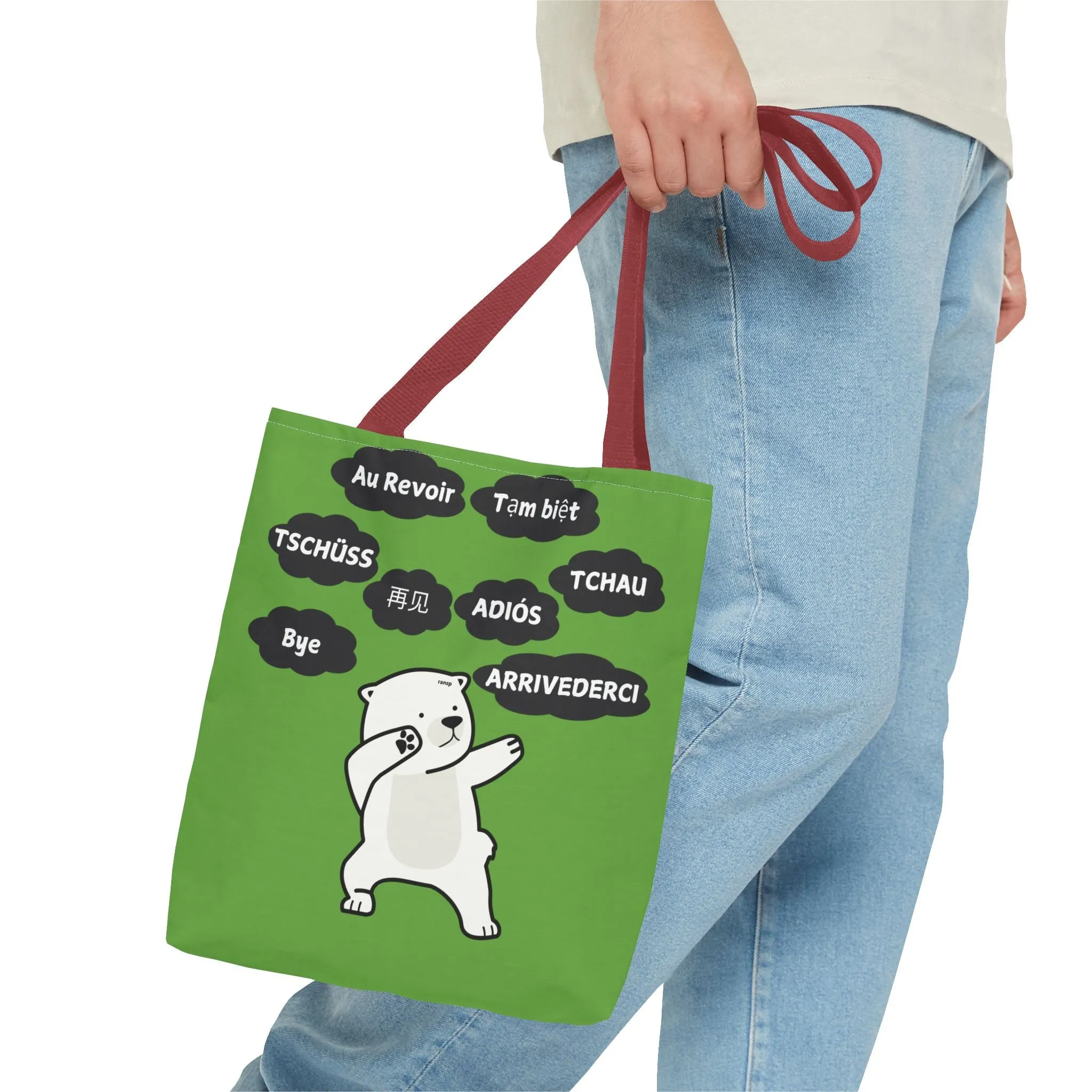 Green Multilingual Farewell Tote Bag with Dancing Bear Design- Perfect for Friendship Gifts, Bag for Shopping, Everyday Shopping bag