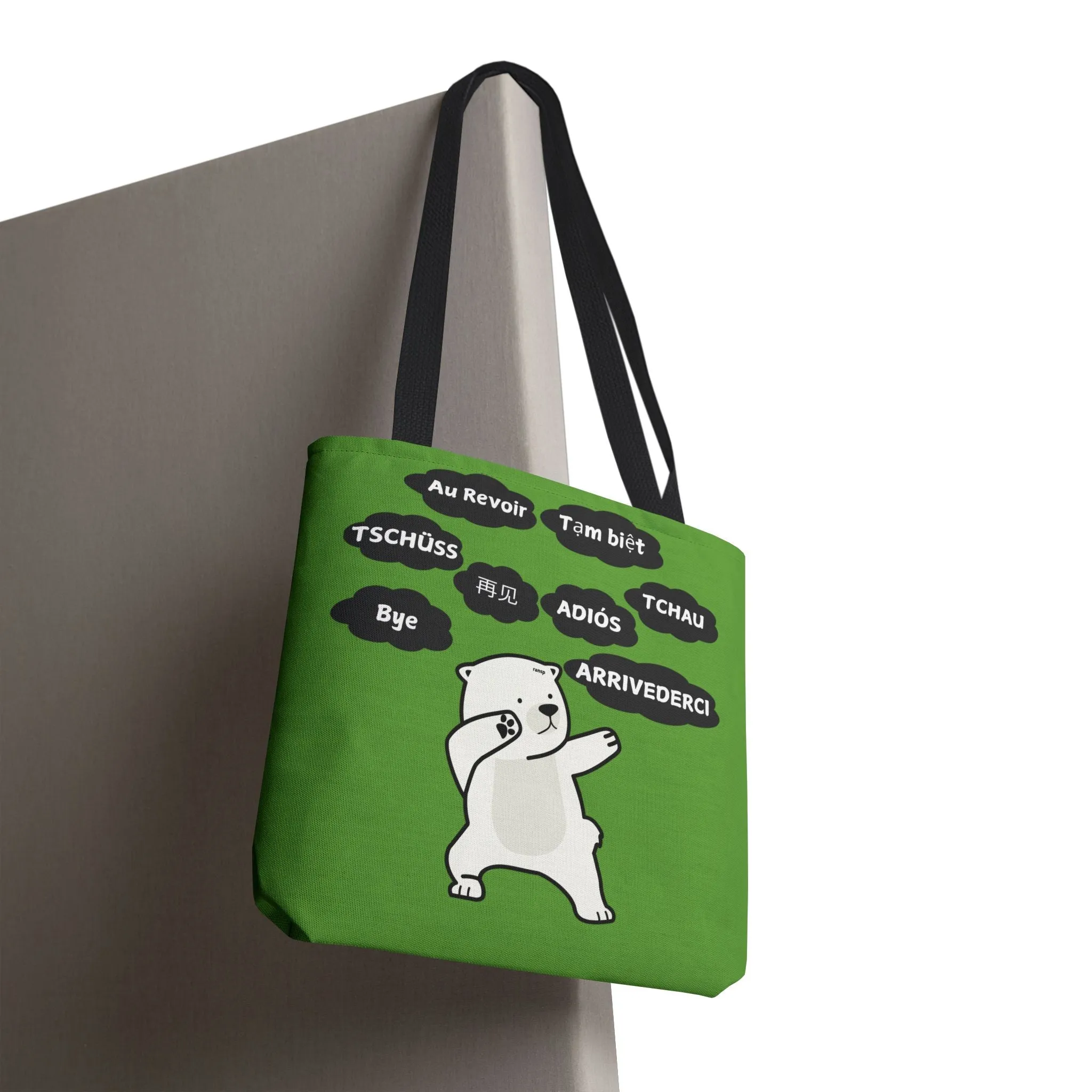 Green Multilingual Farewell Tote Bag with Dancing Bear Design- Perfect for Friendship Gifts, Bag for Shopping, Everyday Shopping bag