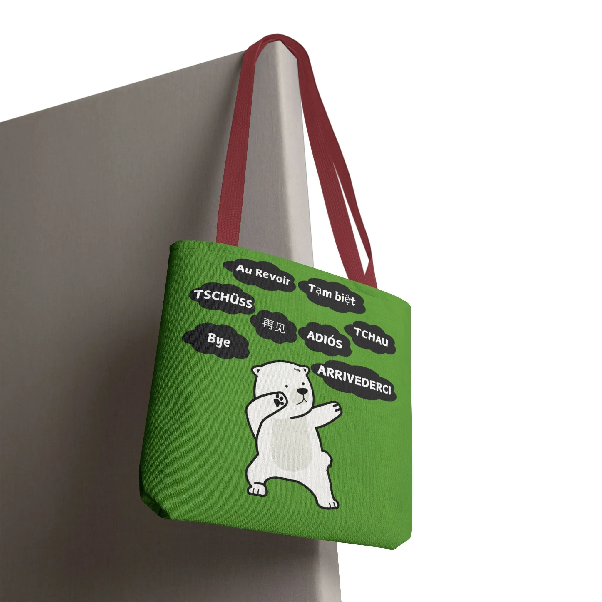 Green Multilingual Farewell Tote Bag with Dancing Bear Design- Perfect for Friendship Gifts, Bag for Shopping, Everyday Shopping bag