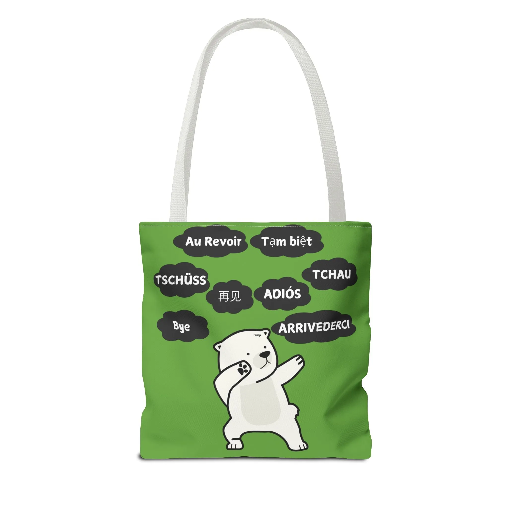 Green Multilingual Farewell Tote Bag with Dancing Bear Design- Perfect for Friendship Gifts, Bag for Shopping, Everyday Shopping bag