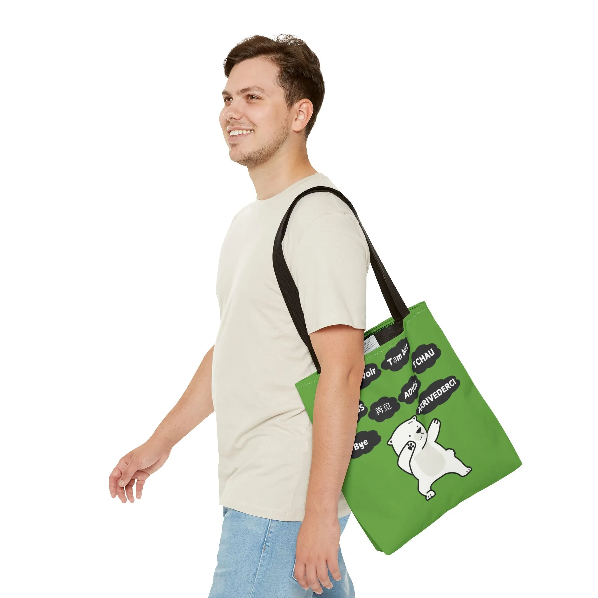 Green Multilingual Farewell Tote Bag with Dancing Bear Design- Perfect for Friendship Gifts, Bag for Shopping, Everyday Shopping bag