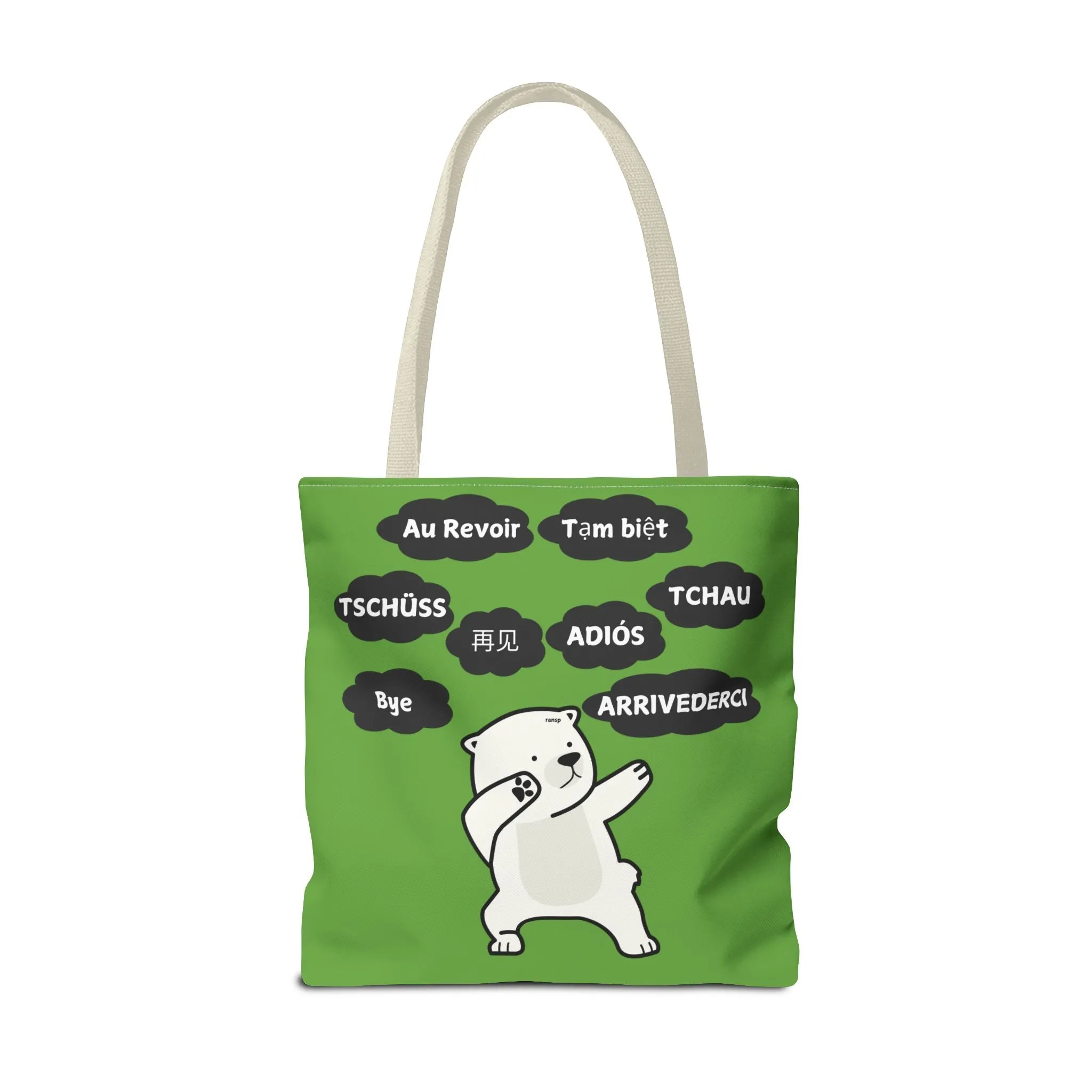 Green Multilingual Farewell Tote Bag with Dancing Bear Design- Perfect for Friendship Gifts, Bag for Shopping, Everyday Shopping bag