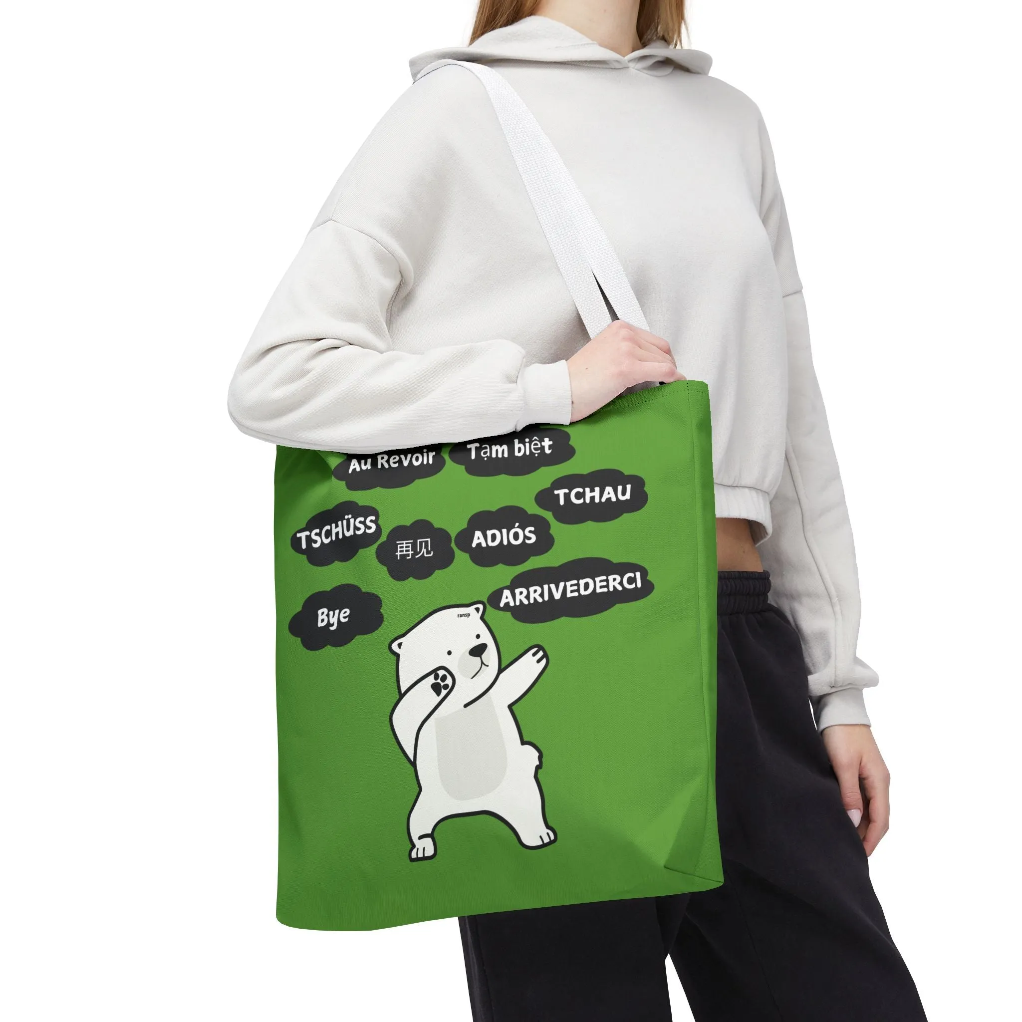 Green Multilingual Farewell Tote Bag with Dancing Bear Design- Perfect for Friendship Gifts, Bag for Shopping, Everyday Shopping bag