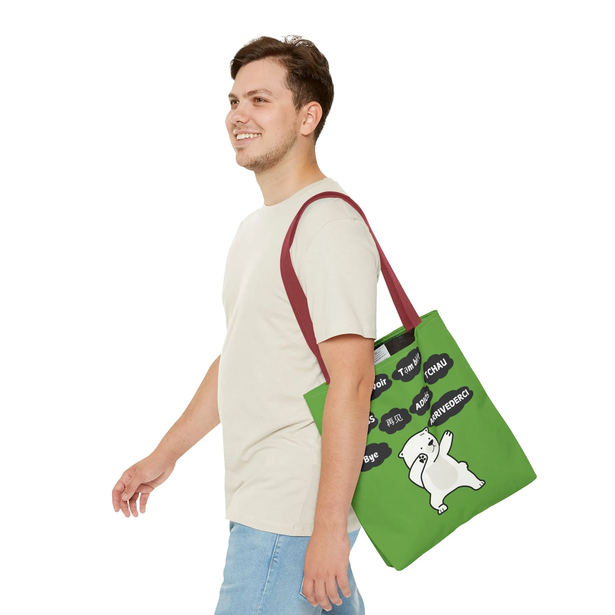 Green Multilingual Farewell Tote Bag with Dancing Bear Design- Perfect for Friendship Gifts, Bag for Shopping, Everyday Shopping bag