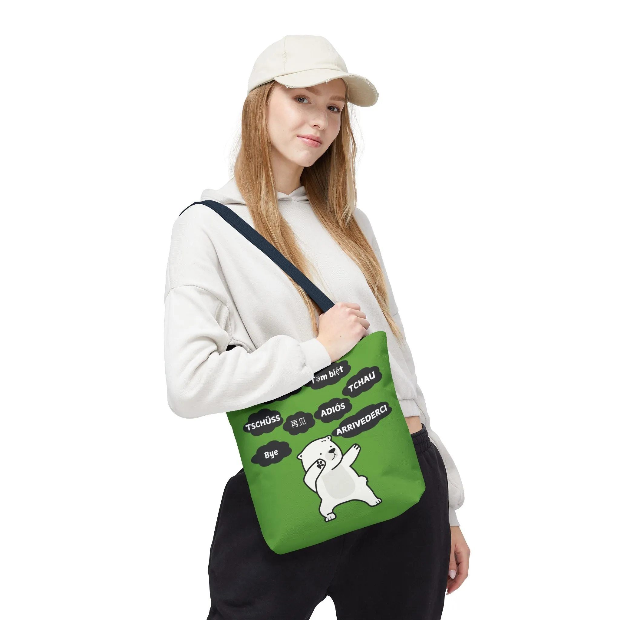 Green Multilingual Farewell Tote Bag with Dancing Bear Design- Perfect for Friendship Gifts, Bag for Shopping, Everyday Shopping bag