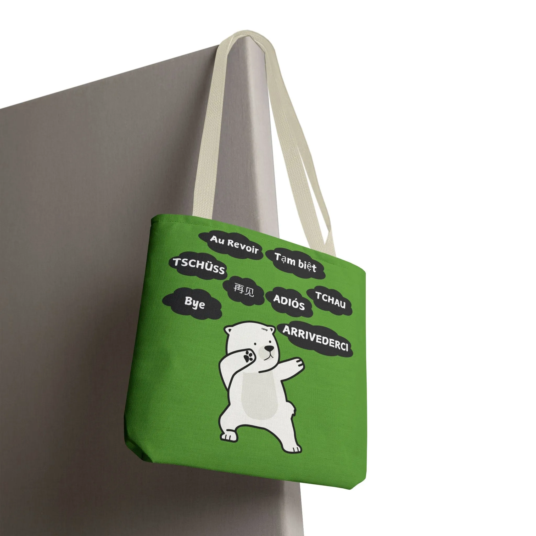 Green Multilingual Farewell Tote Bag with Dancing Bear Design- Perfect for Friendship Gifts, Bag for Shopping, Everyday Shopping bag