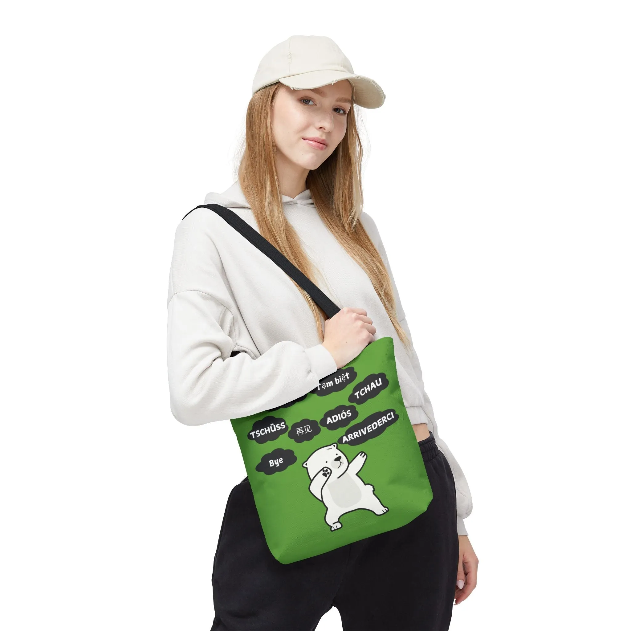 Green Multilingual Farewell Tote Bag with Dancing Bear Design- Perfect for Friendship Gifts, Bag for Shopping, Everyday Shopping bag