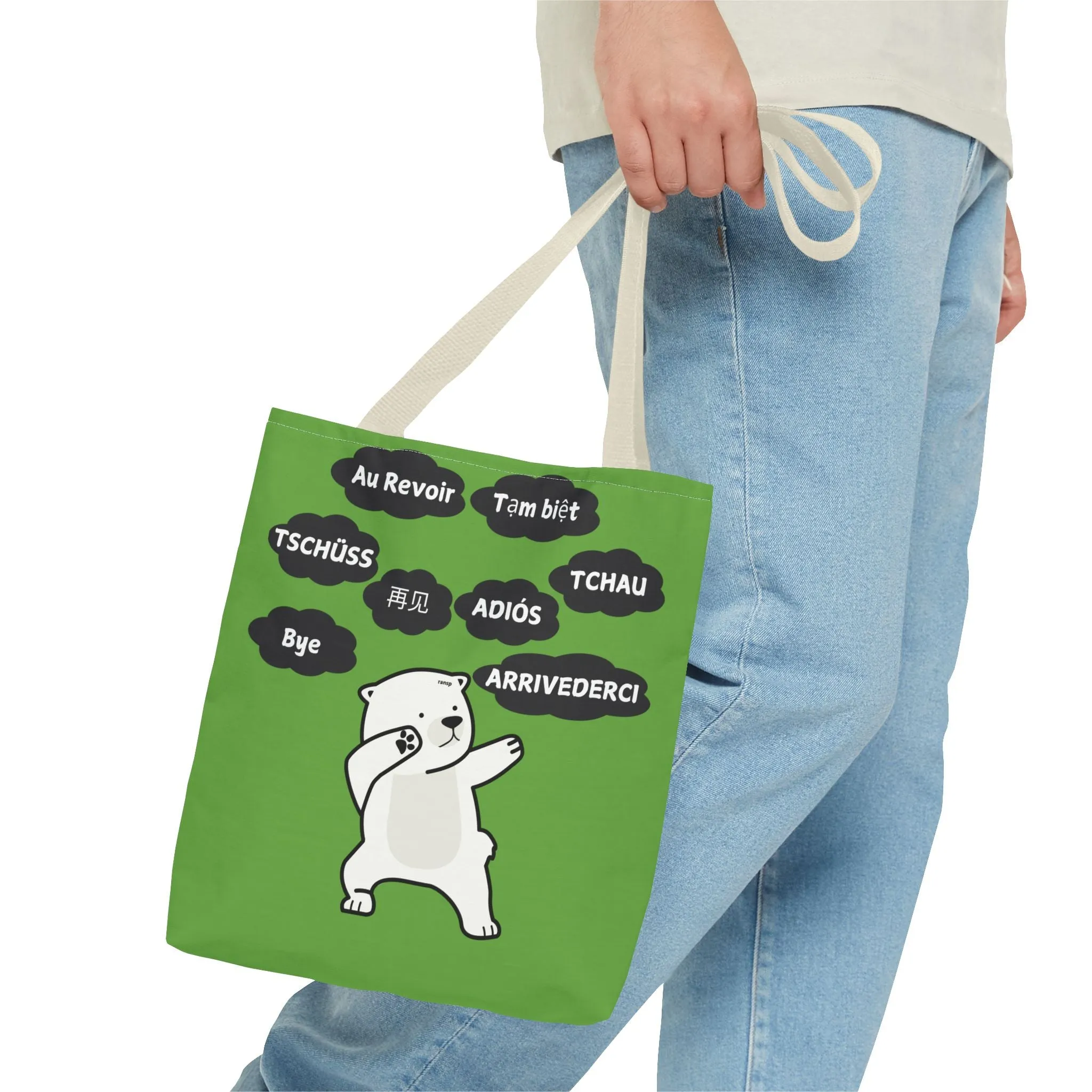 Green Multilingual Farewell Tote Bag with Dancing Bear Design- Perfect for Friendship Gifts, Bag for Shopping, Everyday Shopping bag