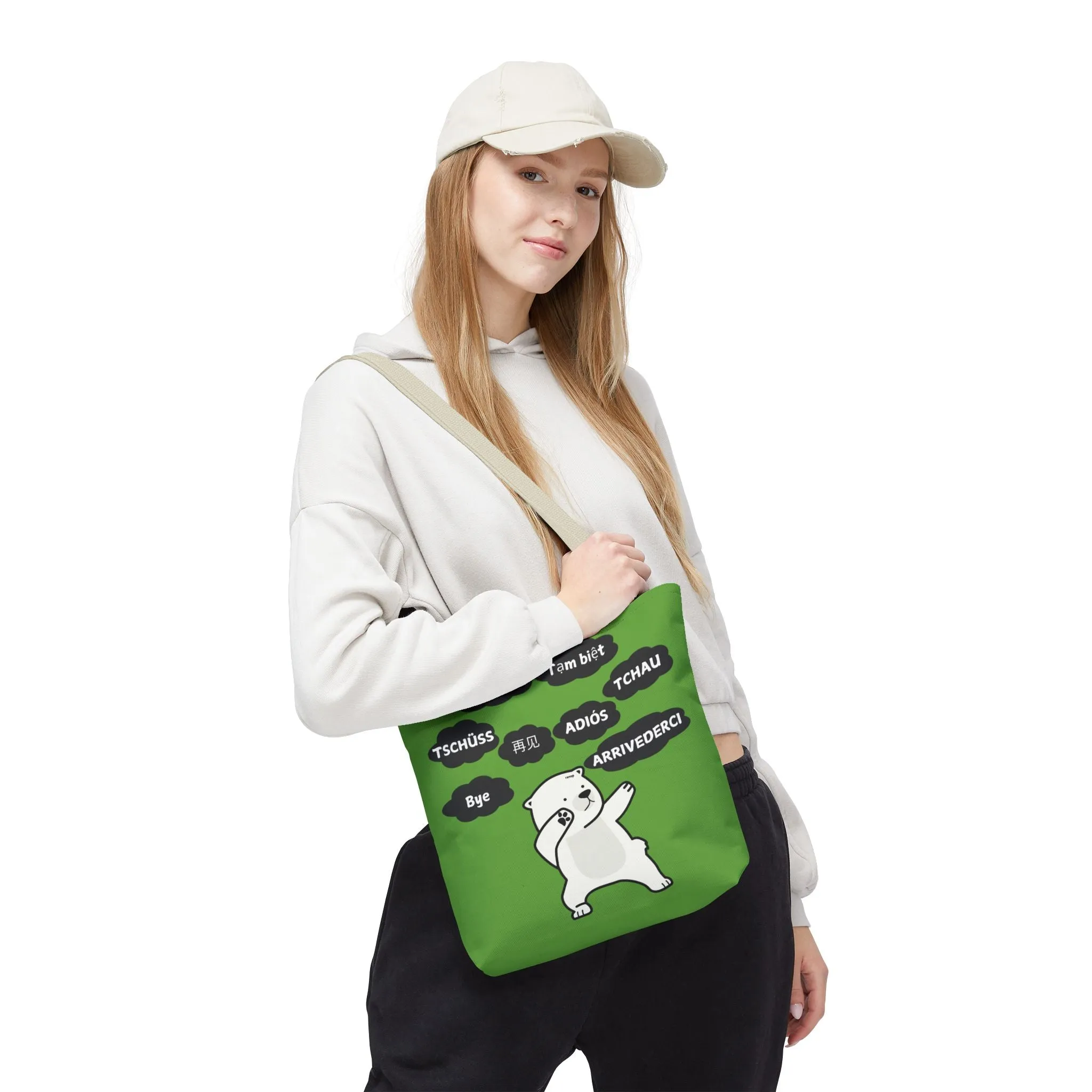 Green Multilingual Farewell Tote Bag with Dancing Bear Design- Perfect for Friendship Gifts, Bag for Shopping, Everyday Shopping bag