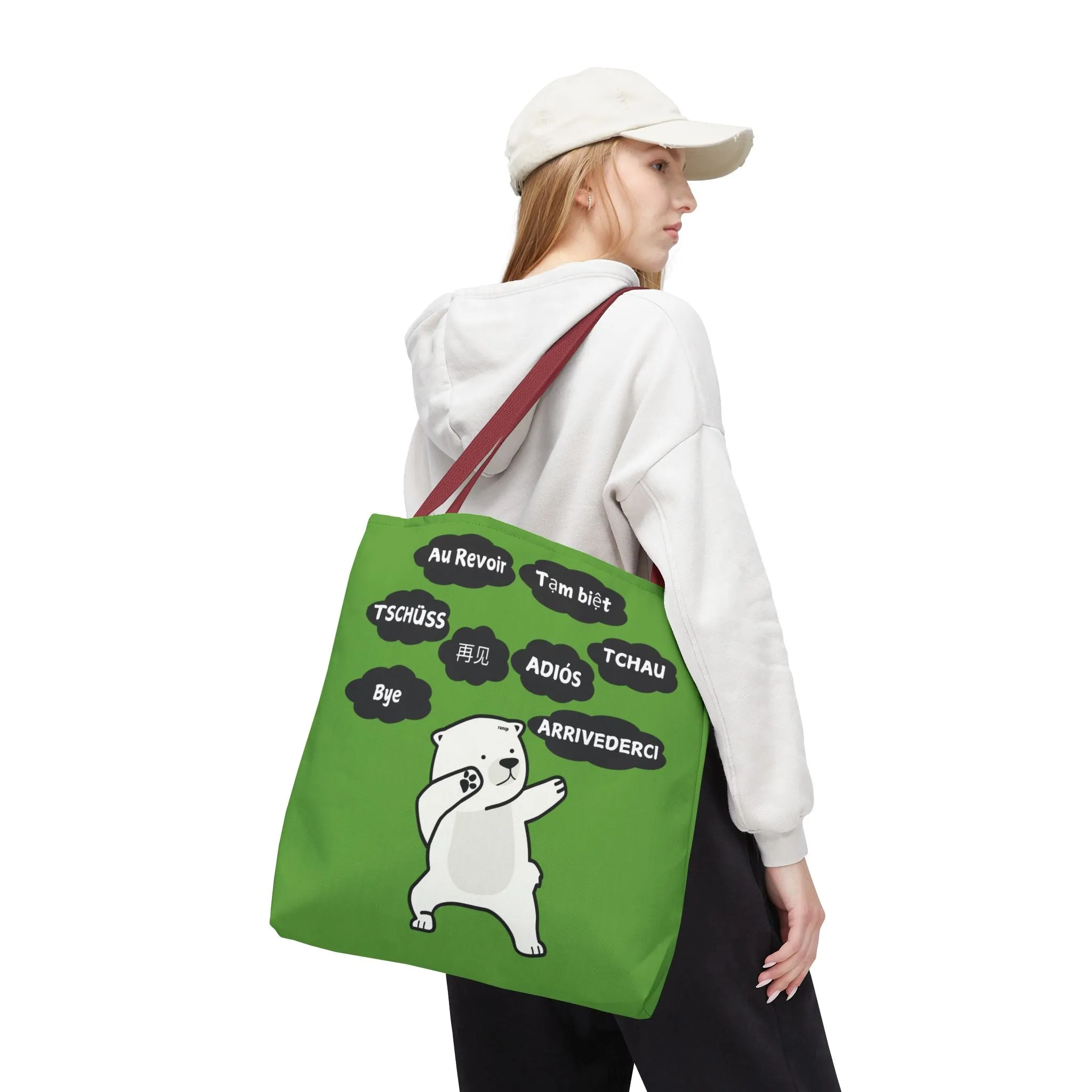 Green Multilingual Farewell Tote Bag with Dancing Bear Design- Perfect for Friendship Gifts, Bag for Shopping, Everyday Shopping bag