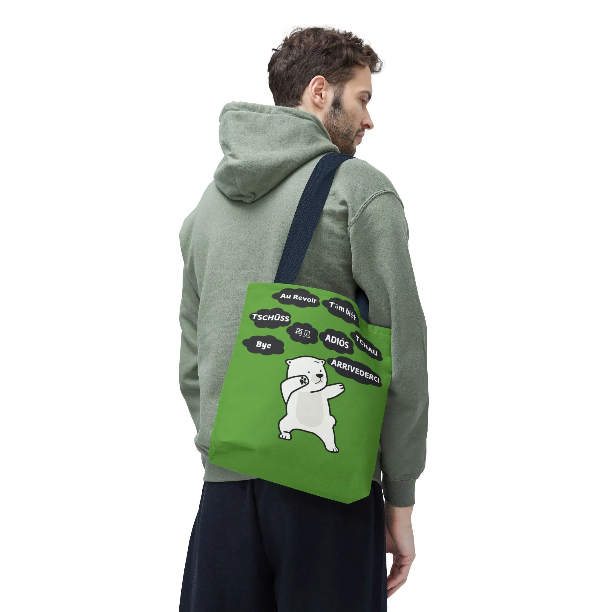 Green Multilingual Farewell Tote Bag with Dancing Bear Design- Perfect for Friendship Gifts, Bag for Shopping, Everyday Shopping bag