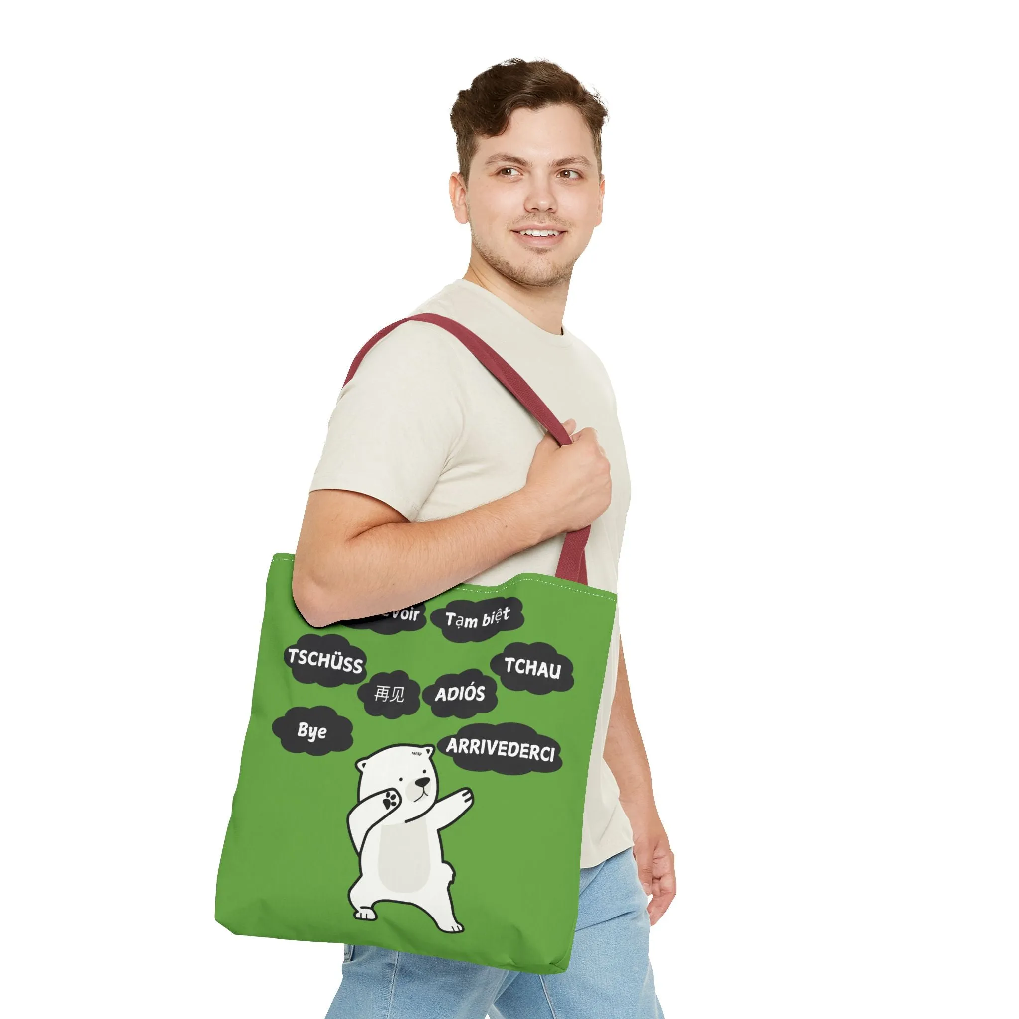 Green Multilingual Farewell Tote Bag with Dancing Bear Design- Perfect for Friendship Gifts, Bag for Shopping, Everyday Shopping bag