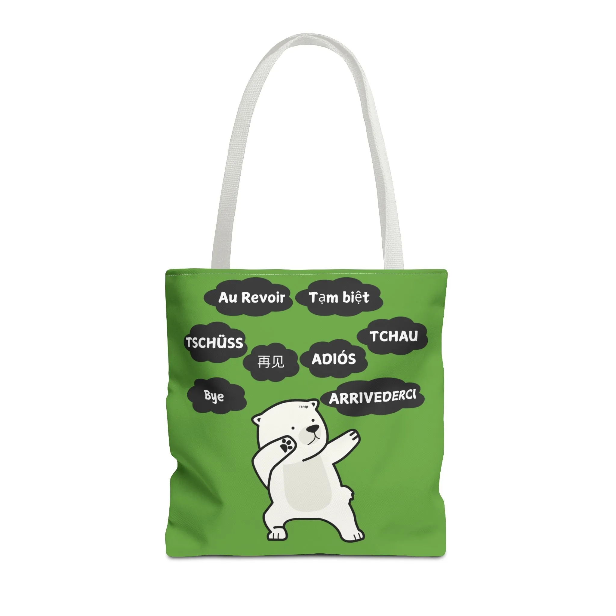 Green Multilingual Farewell Tote Bag with Dancing Bear Design- Perfect for Friendship Gifts, Bag for Shopping, Everyday Shopping bag