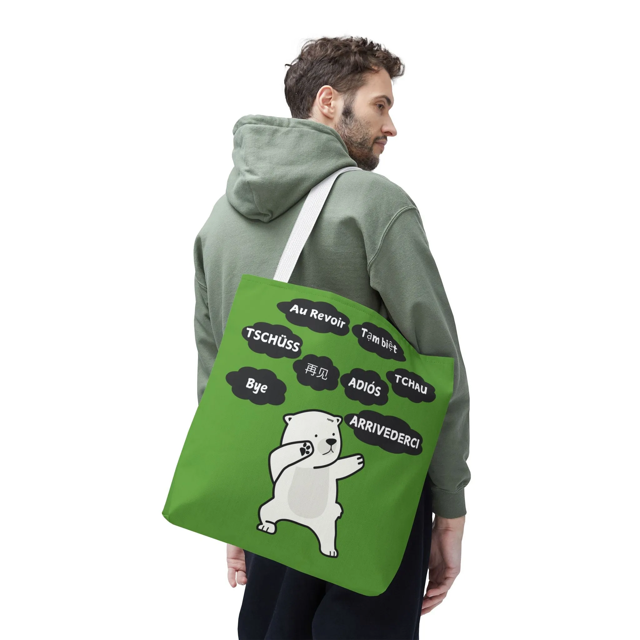 Green Multilingual Farewell Tote Bag with Dancing Bear Design- Perfect for Friendship Gifts, Bag for Shopping, Everyday Shopping bag