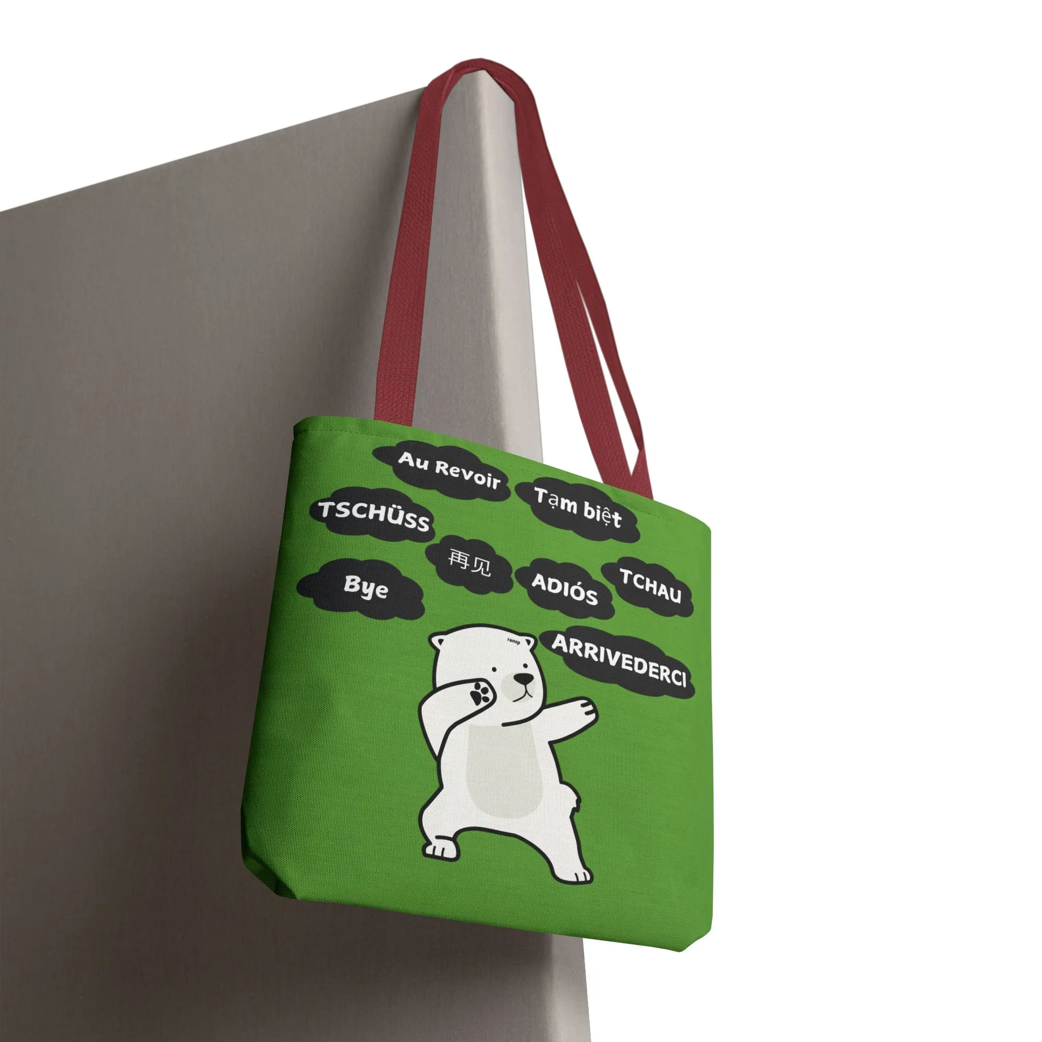 Green Multilingual Farewell Tote Bag with Dancing Bear Design- Perfect for Friendship Gifts, Bag for Shopping, Everyday Shopping bag