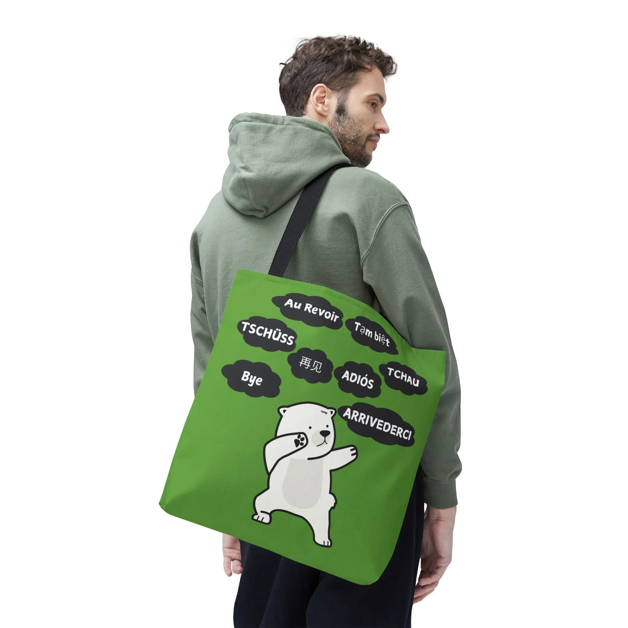 Green Multilingual Farewell Tote Bag with Dancing Bear Design- Perfect for Friendship Gifts, Bag for Shopping, Everyday Shopping bag