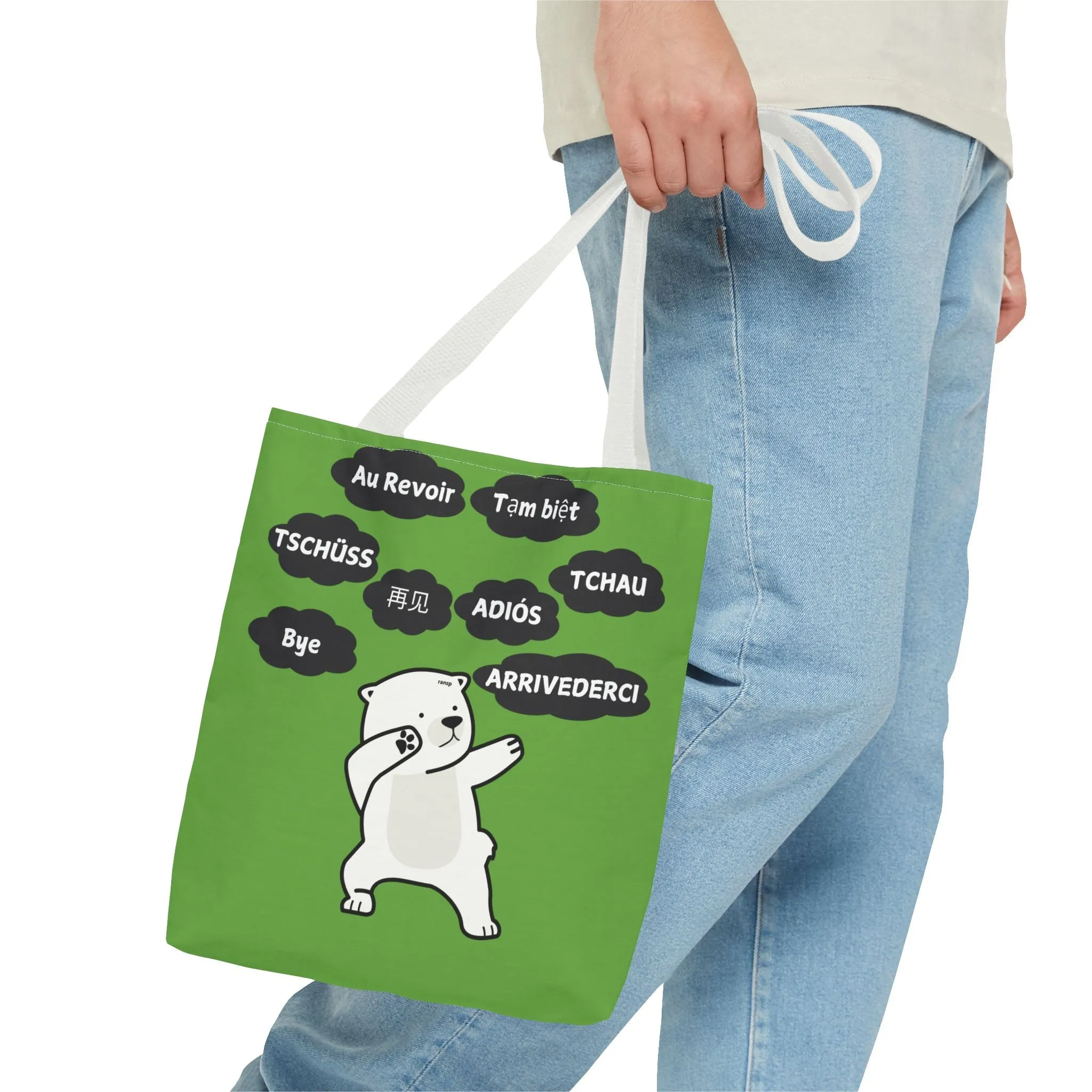 Green Multilingual Farewell Tote Bag with Dancing Bear Design- Perfect for Friendship Gifts, Bag for Shopping, Everyday Shopping bag