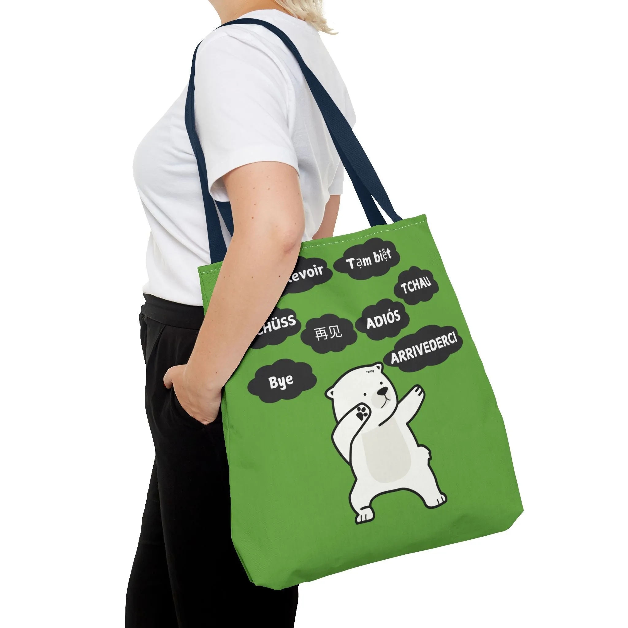 Green Multilingual Farewell Tote Bag with Dancing Bear Design- Perfect for Friendship Gifts, Bag for Shopping, Everyday Shopping bag