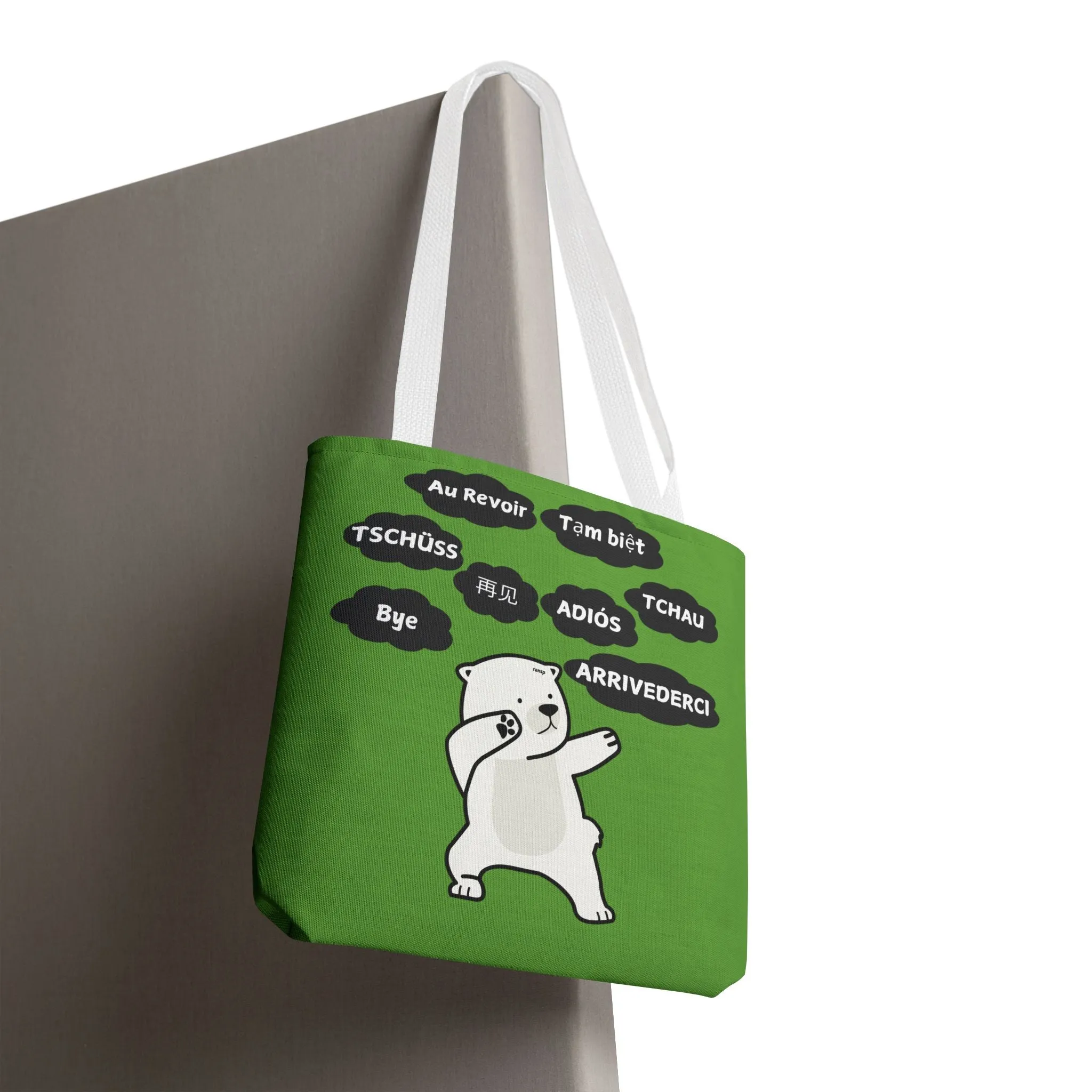 Green Multilingual Farewell Tote Bag with Dancing Bear Design- Perfect for Friendship Gifts, Bag for Shopping, Everyday Shopping bag