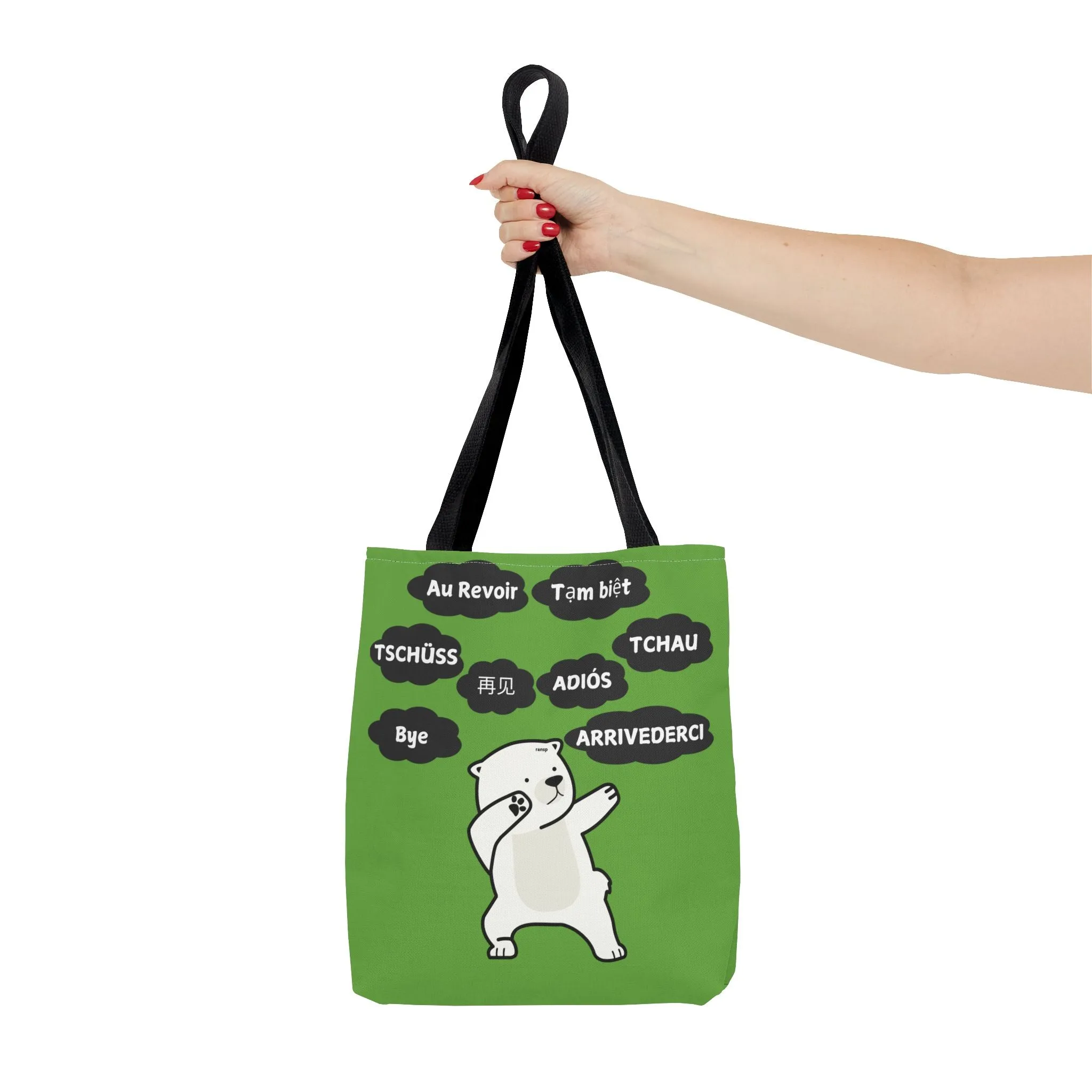Green Multilingual Farewell Tote Bag with Dancing Bear Design- Perfect for Friendship Gifts, Bag for Shopping, Everyday Shopping bag