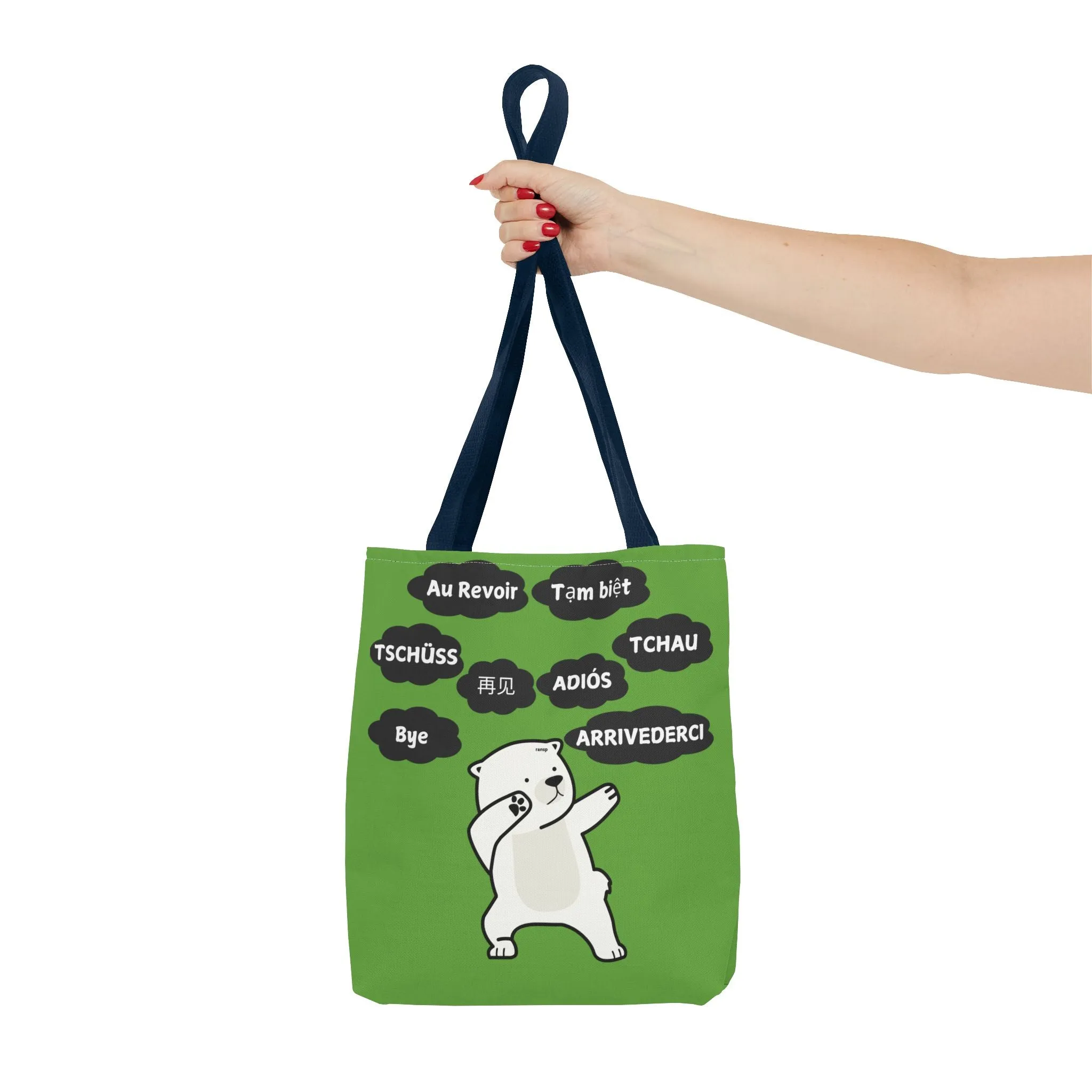 Green Multilingual Farewell Tote Bag with Dancing Bear Design- Perfect for Friendship Gifts, Bag for Shopping, Everyday Shopping bag