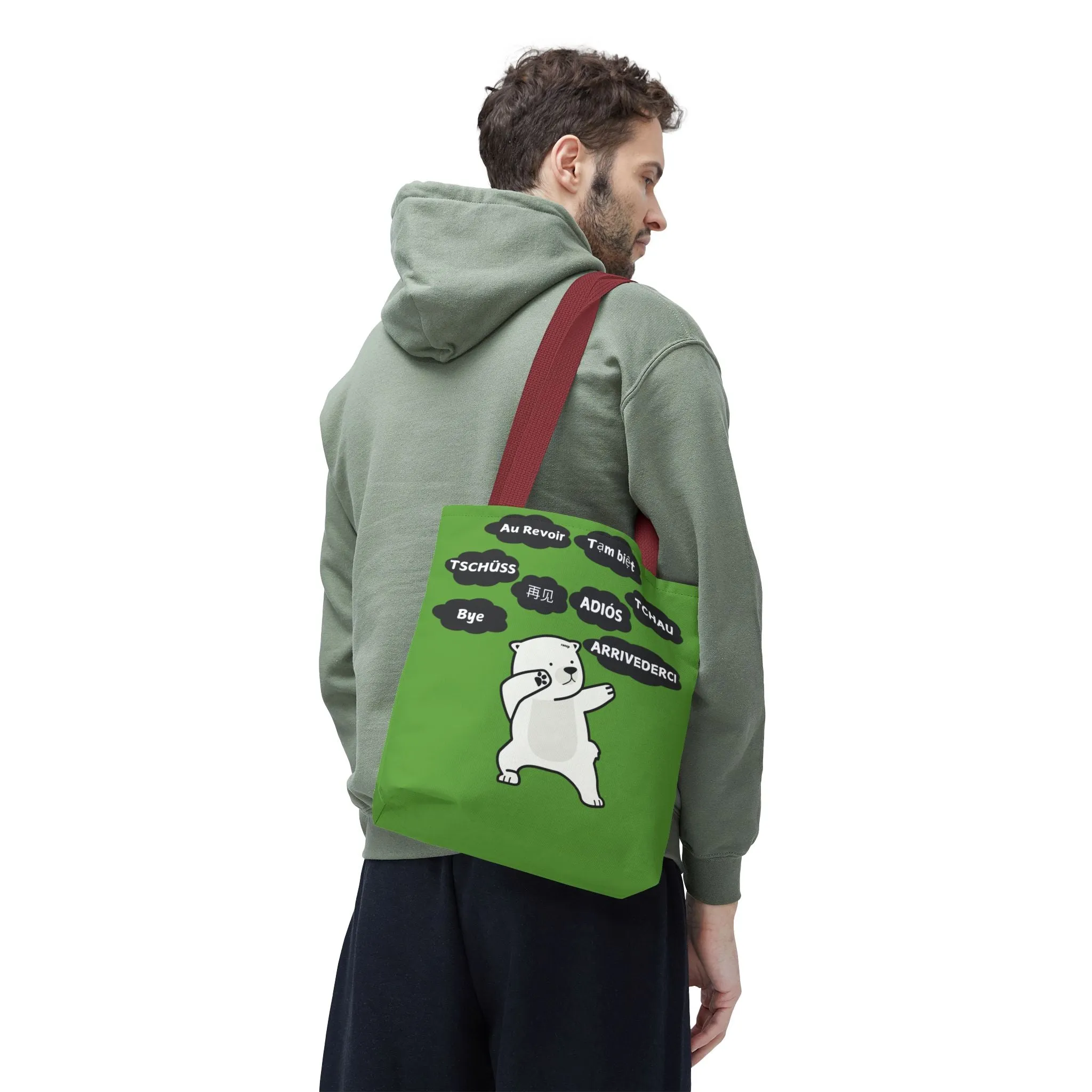 Green Multilingual Farewell Tote Bag with Dancing Bear Design- Perfect for Friendship Gifts, Bag for Shopping, Everyday Shopping bag