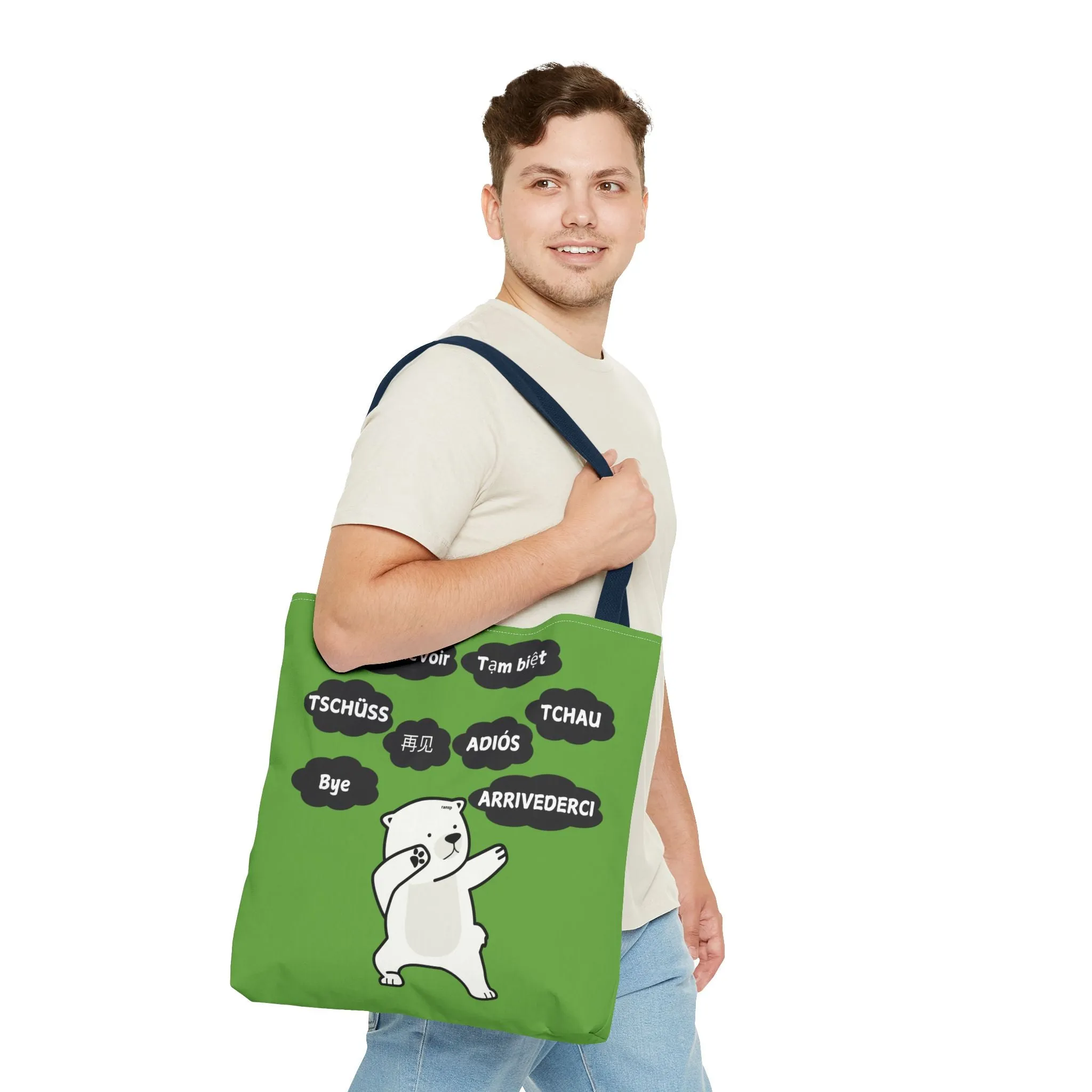 Green Multilingual Farewell Tote Bag with Dancing Bear Design- Perfect for Friendship Gifts, Bag for Shopping, Everyday Shopping bag