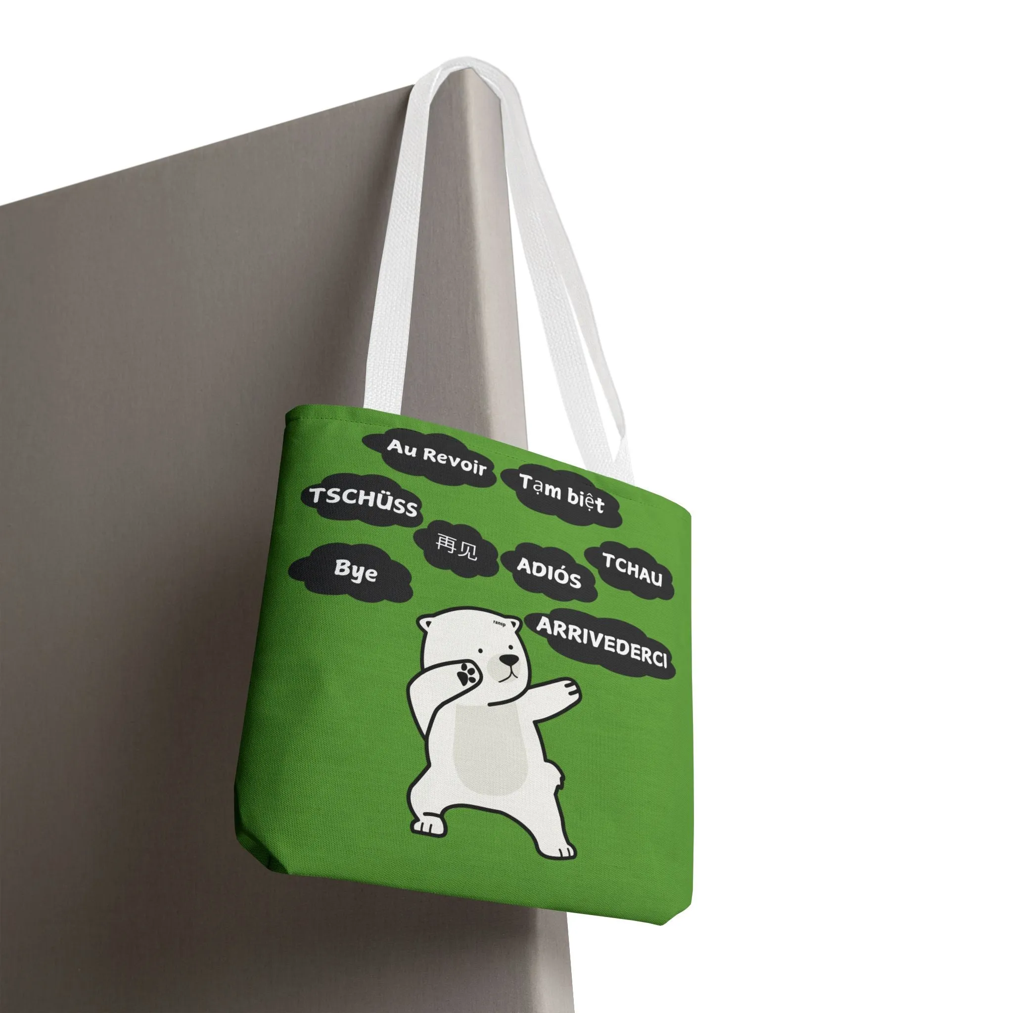 Green Multilingual Farewell Tote Bag with Dancing Bear Design- Perfect for Friendship Gifts, Bag for Shopping, Everyday Shopping bag